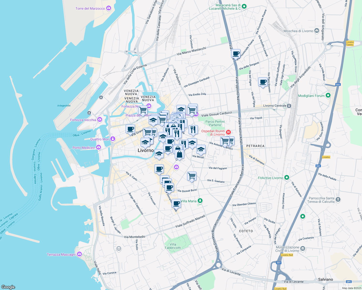 map of restaurants, bars, coffee shops, grocery stores, and more near 26 Via Pasquale Poccianti in Livorno