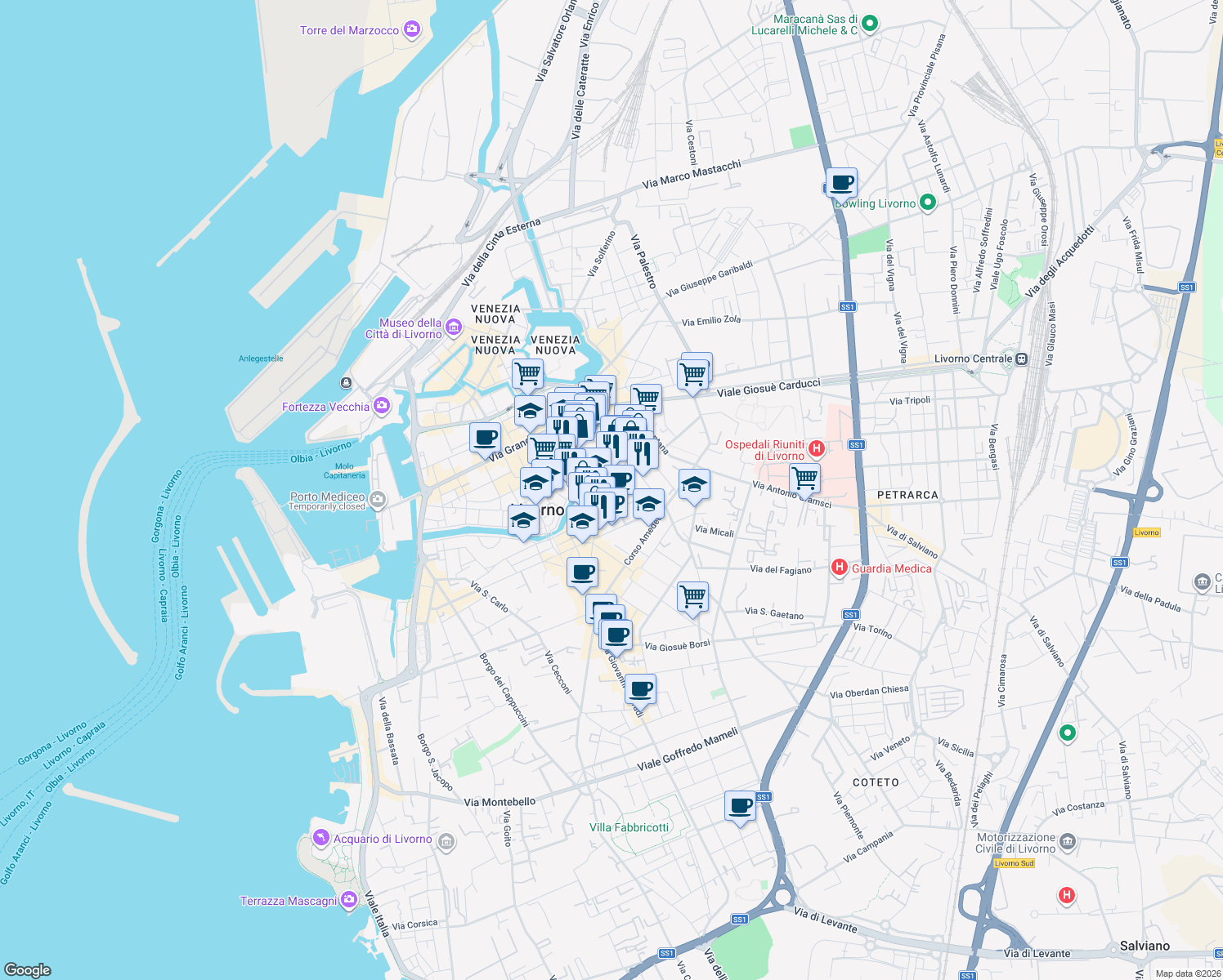 map of restaurants, bars, coffee shops, grocery stores, and more near 22 Via Luigi Bosi in Livorno
