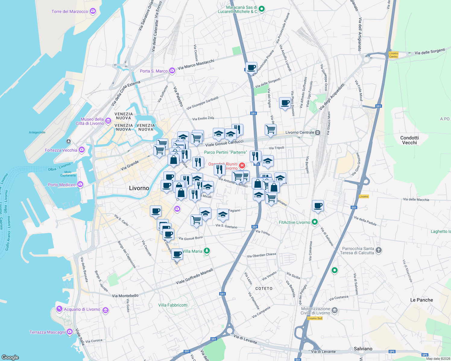 map of restaurants, bars, coffee shops, grocery stores, and more near 125 Via Antonio Gramsci in Livorno