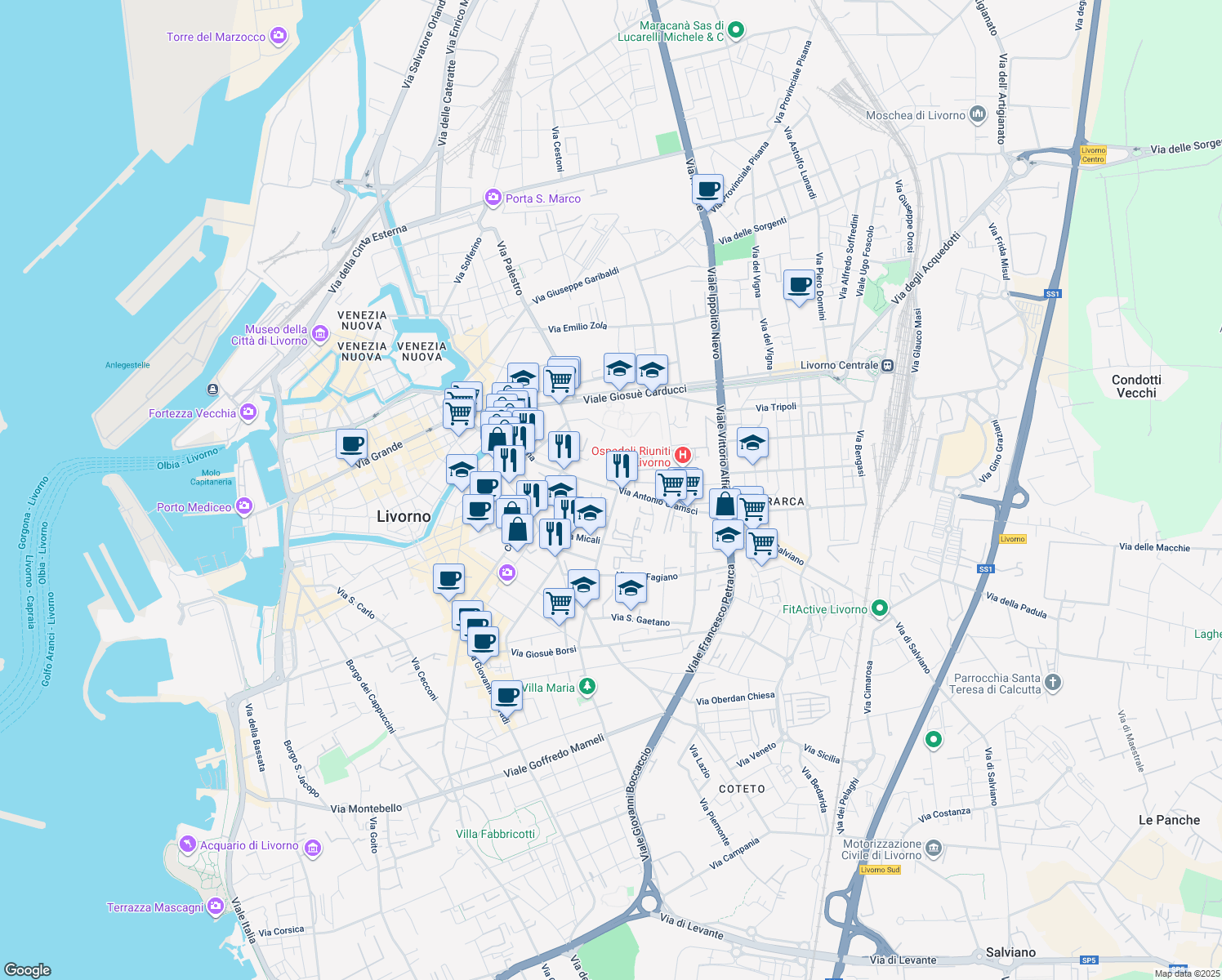 map of restaurants, bars, coffee shops, grocery stores, and more near 50/B Via Antonio Gramsci in Livorno