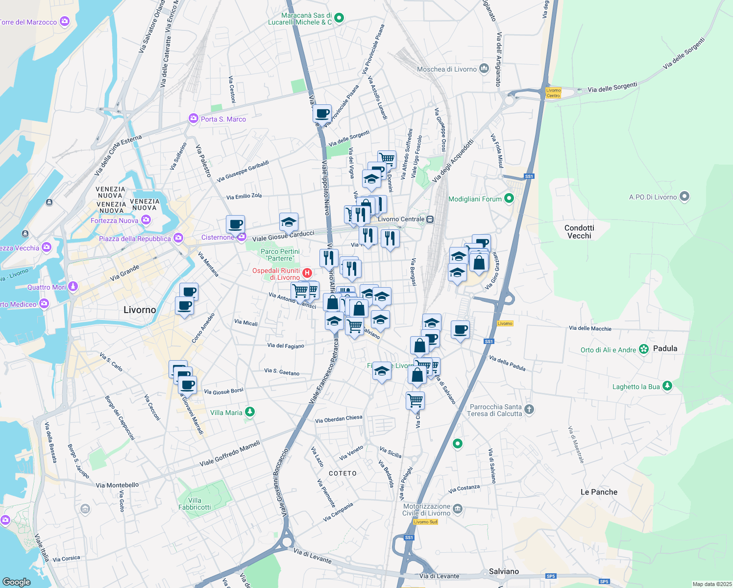 map of restaurants, bars, coffee shops, grocery stores, and more near 22 Via Francesco Carega in Livorno