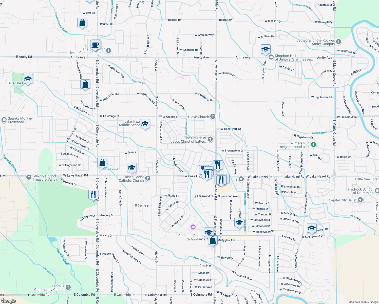 map of restaurants, bars, coffee shops, grocery stores, and more near 5899 South Fireglow Avenue in Boise