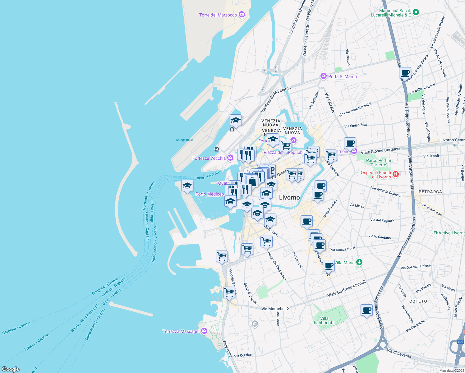 map of restaurants, bars, coffee shops, grocery stores, and more near 10 Scali della Darsena in Livorno
