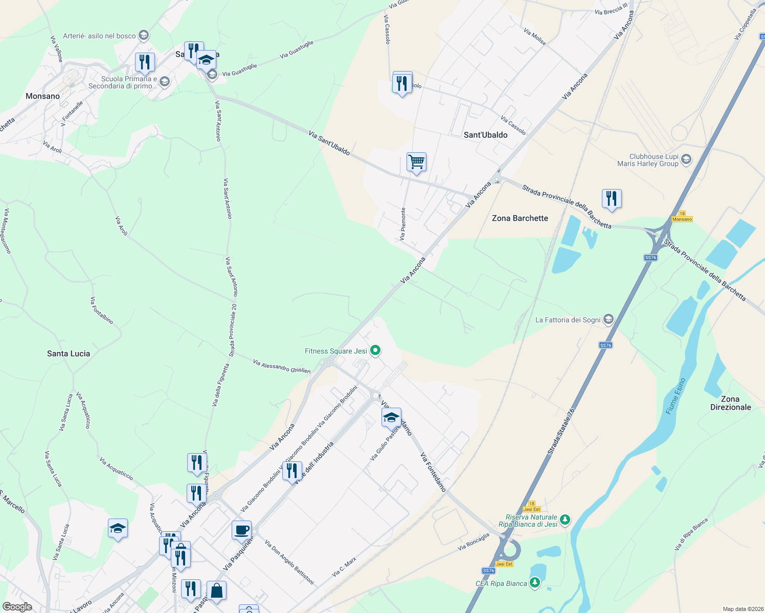 map of restaurants, bars, coffee shops, grocery stores, and more near 49 Via Ancona in Jesi