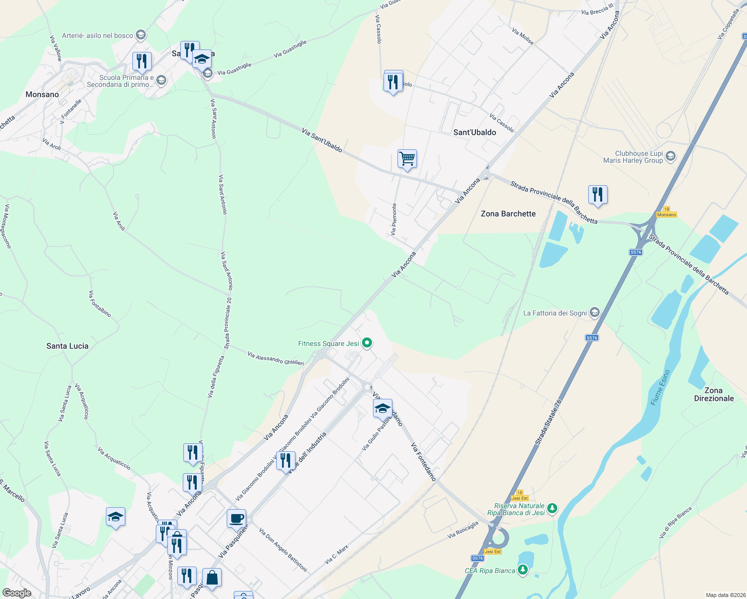 map of restaurants, bars, coffee shops, grocery stores, and more near 49 Via Ancona in Jesi