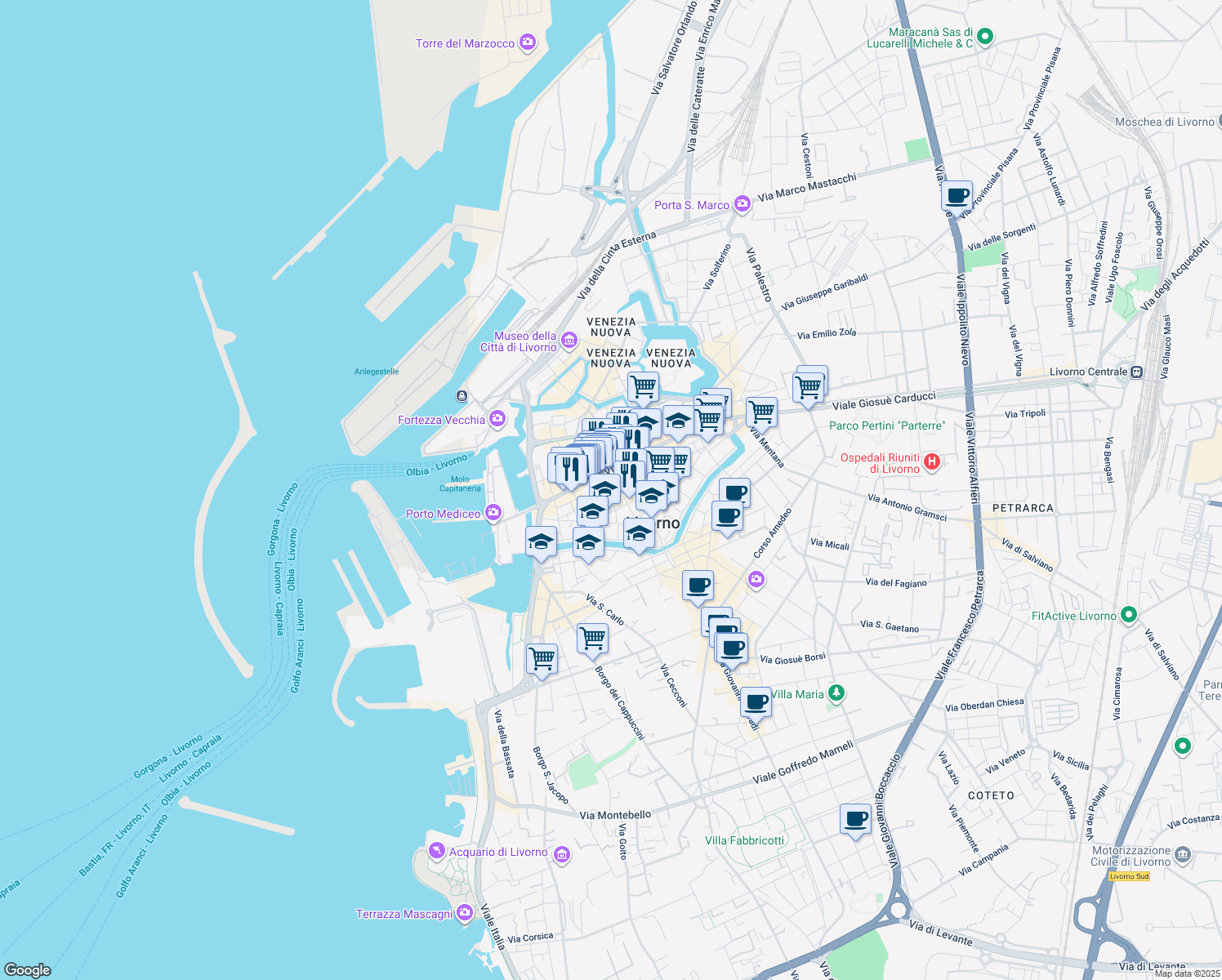 map of restaurants, bars, coffee shops, grocery stores, and more near in Livorno