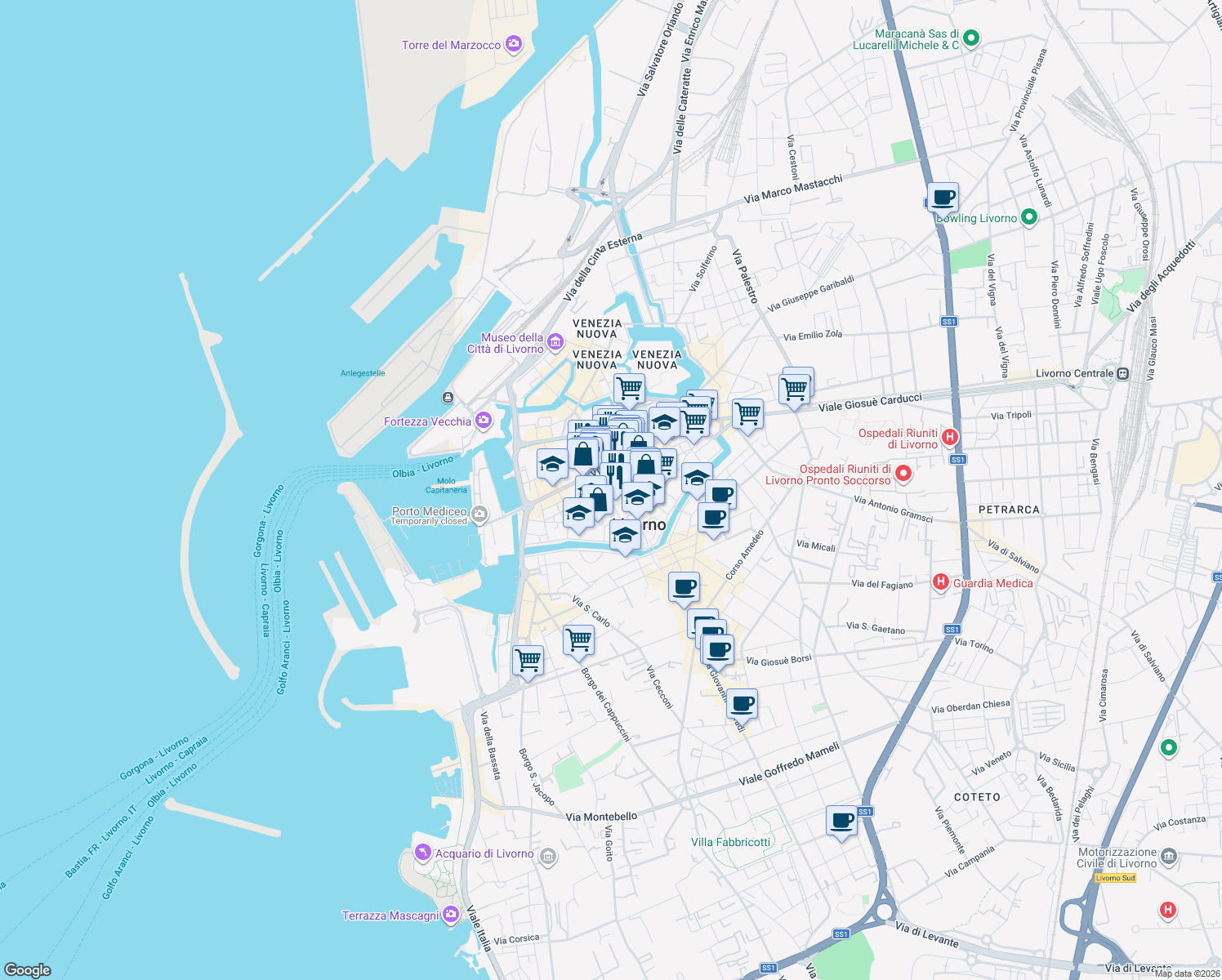 map of restaurants, bars, coffee shops, grocery stores, and more near 22 Largo del Duomo in Livorno