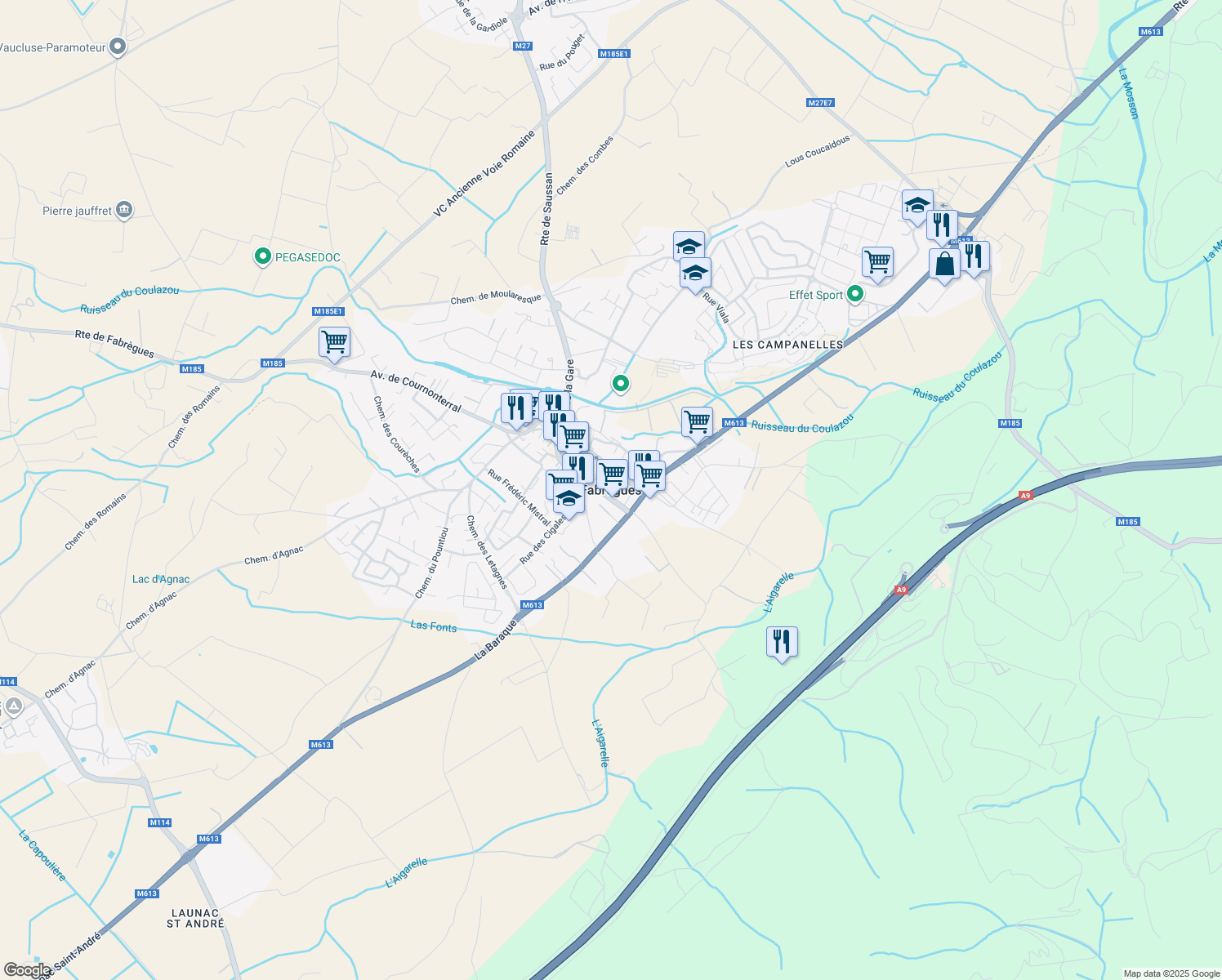 map of restaurants, bars, coffee shops, grocery stores, and more near in Fabrègues