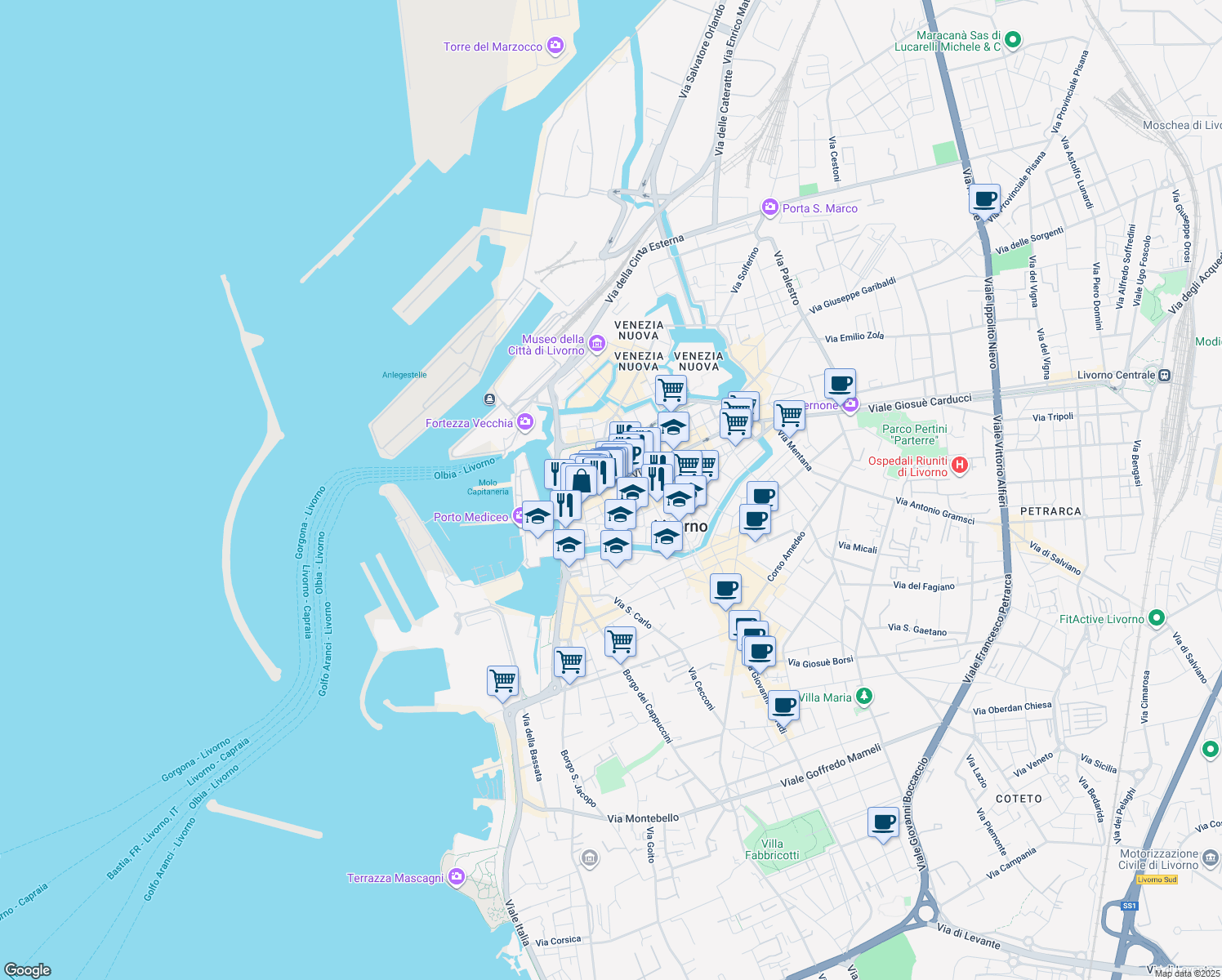 map of restaurants, bars, coffee shops, grocery stores, and more near 19 Via III Novembre in Livorno