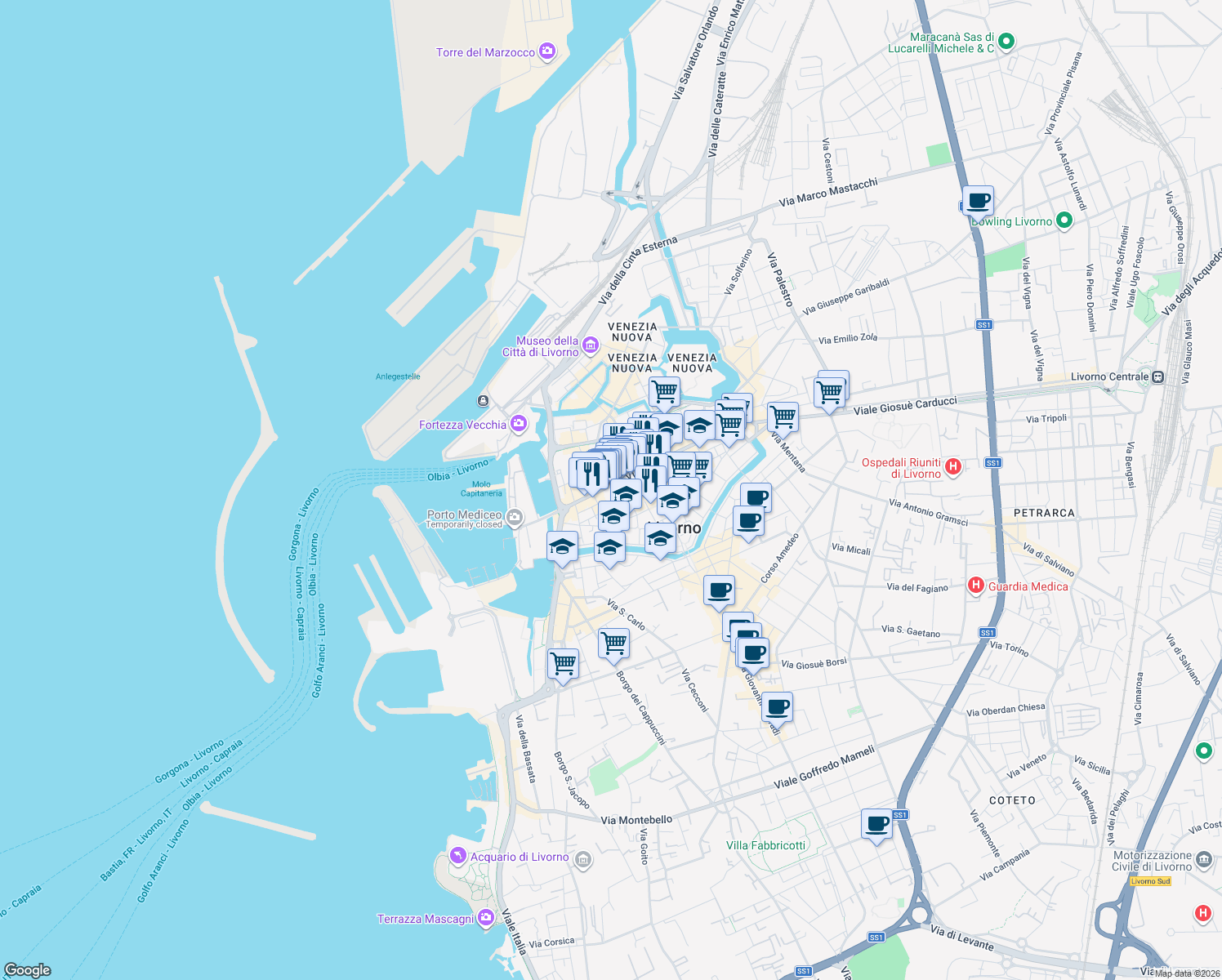 map of restaurants, bars, coffee shops, grocery stores, and more near in Livorno