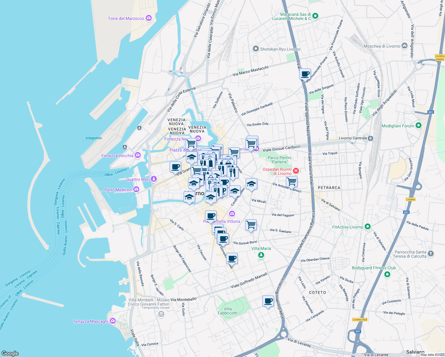 map of restaurants, bars, coffee shops, grocery stores, and more near 22 Via Luigi Bosi in Livorno