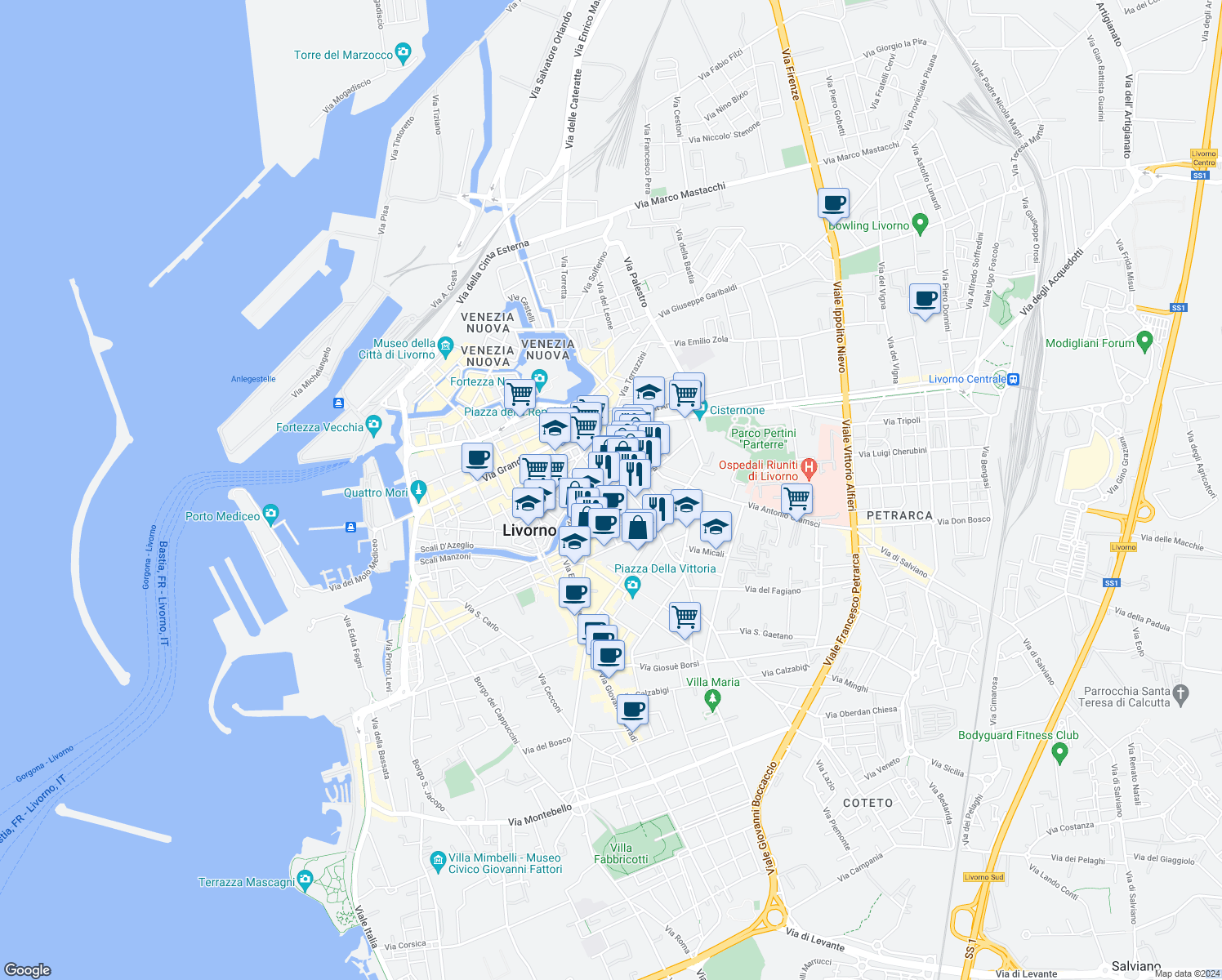 map of restaurants, bars, coffee shops, grocery stores, and more near 10 Via del Platano in Livorno