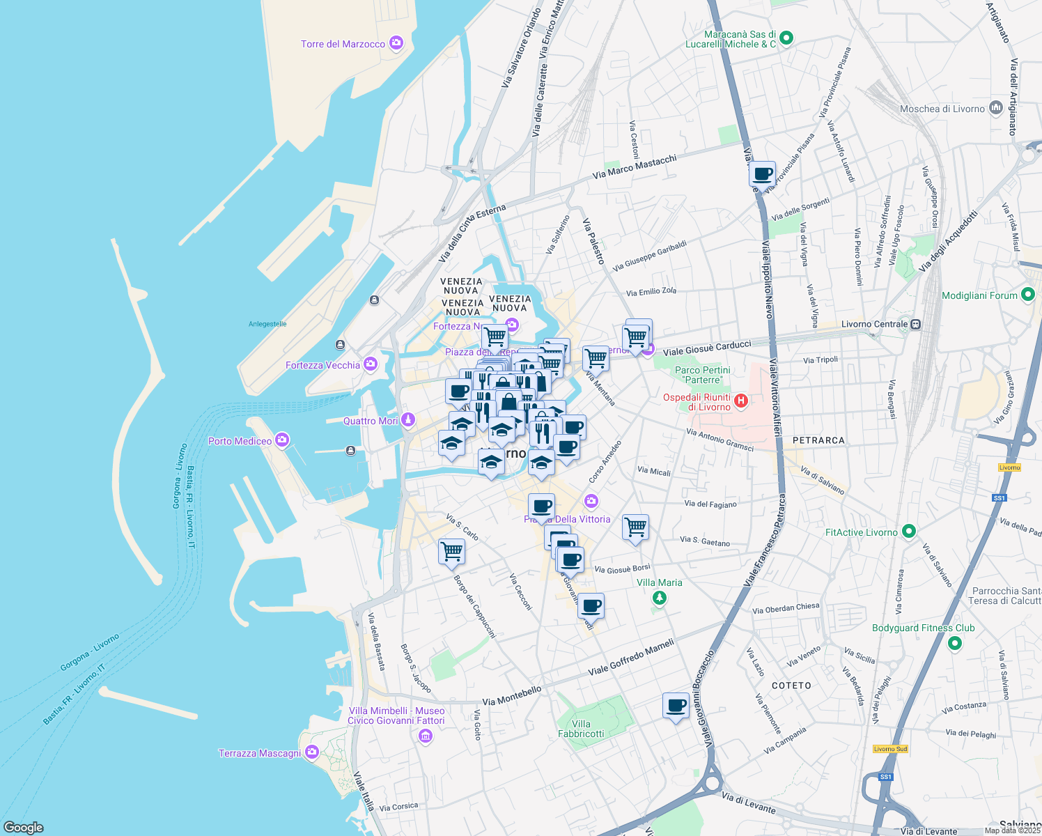 map of restaurants, bars, coffee shops, grocery stores, and more near 112 Via Buontalenti in Livorno