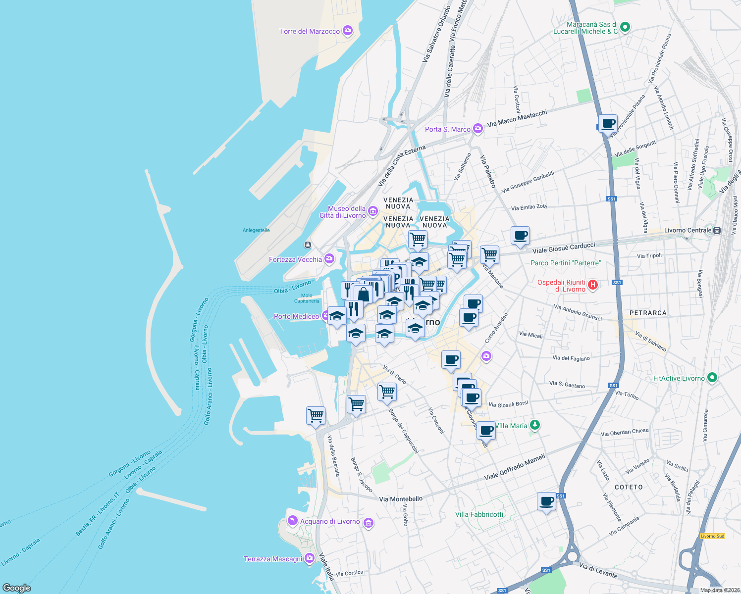 map of restaurants, bars, coffee shops, grocery stores, and more near 19 Via III Novembre in Livorno