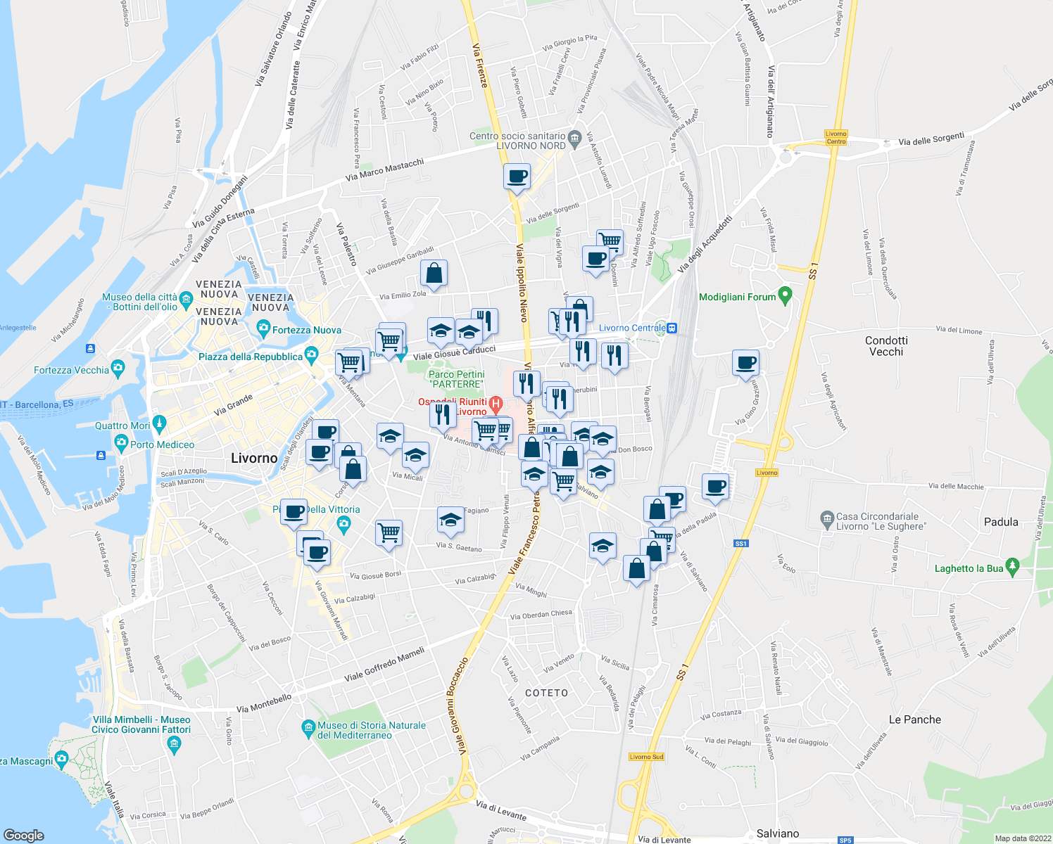 map of restaurants, bars, coffee shops, grocery stores, and more near 36 Viale Vittorio Alfieri in Livorno