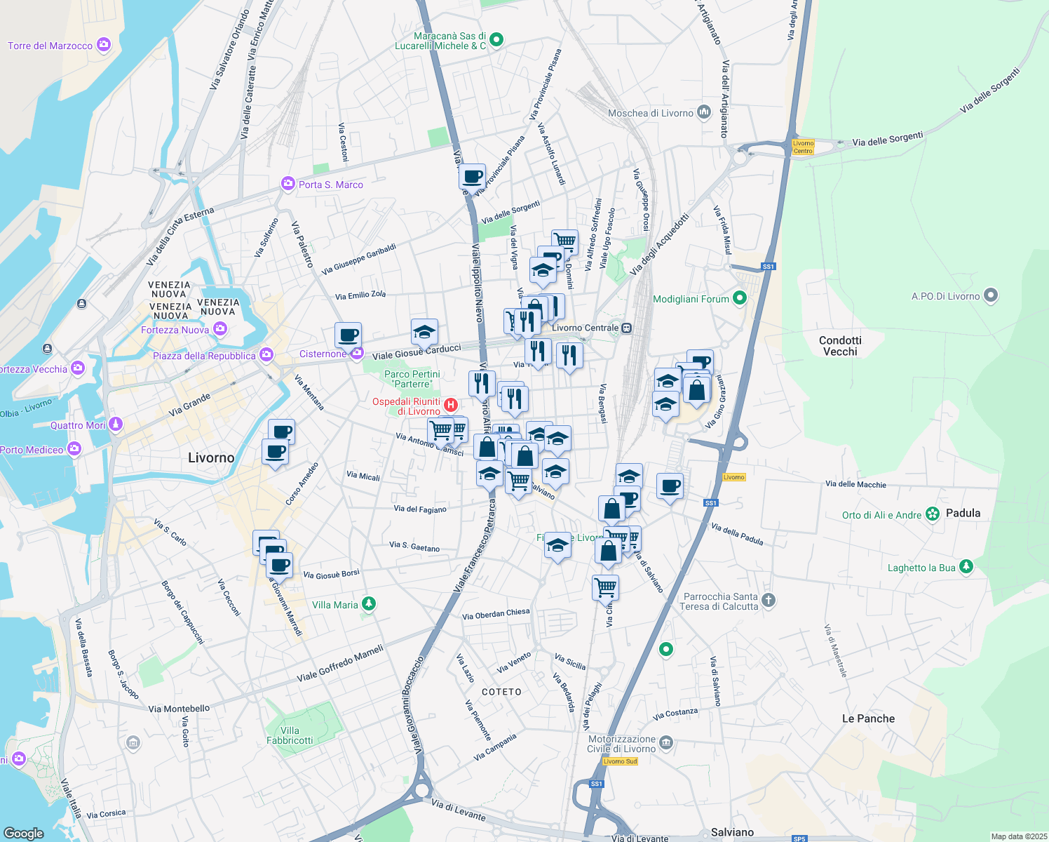map of restaurants, bars, coffee shops, grocery stores, and more near 22 Via Francesco Carega in Livorno
