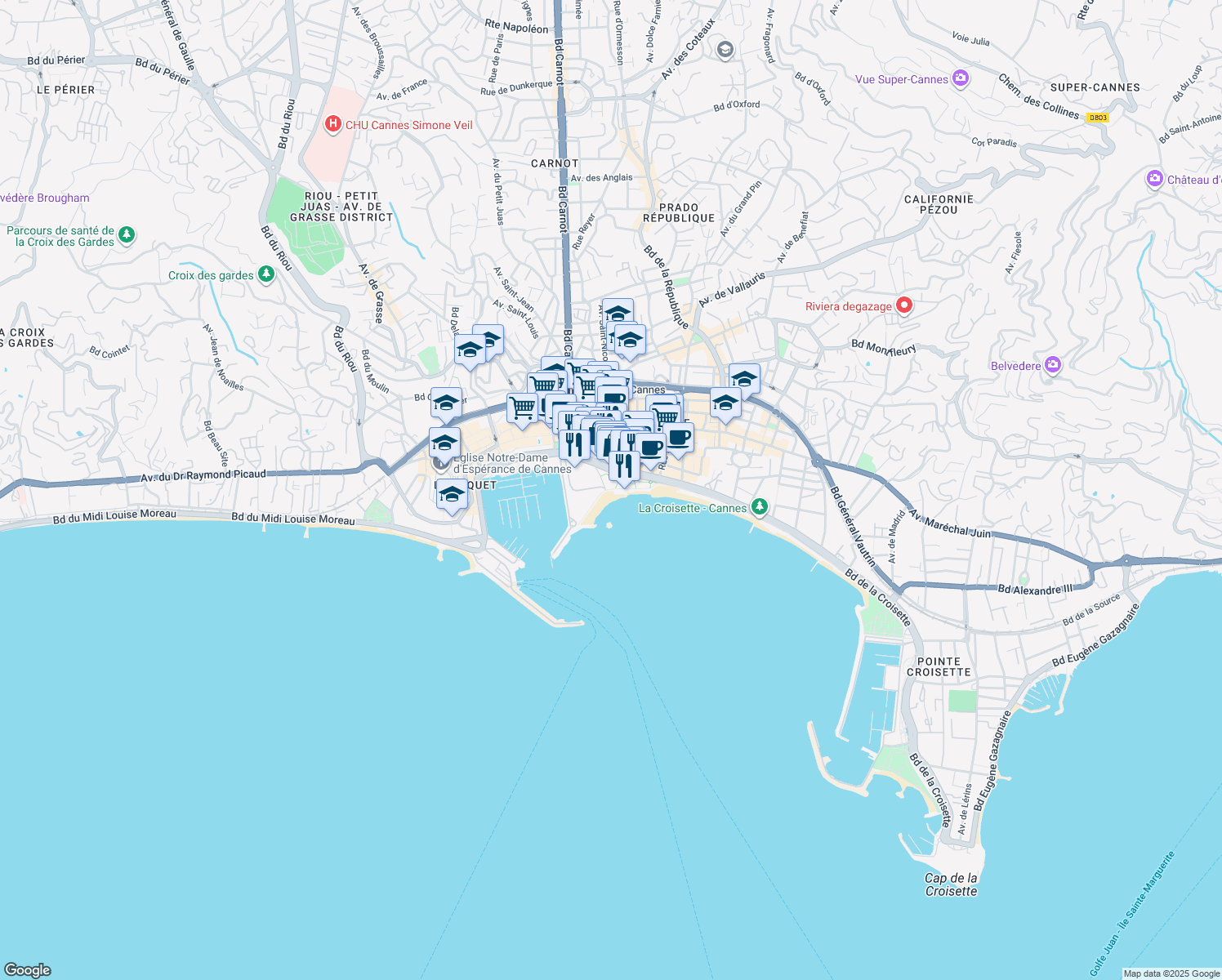 map of restaurants, bars, coffee shops, grocery stores, and more near Promenade Robert Favre le Bret in Cannes
