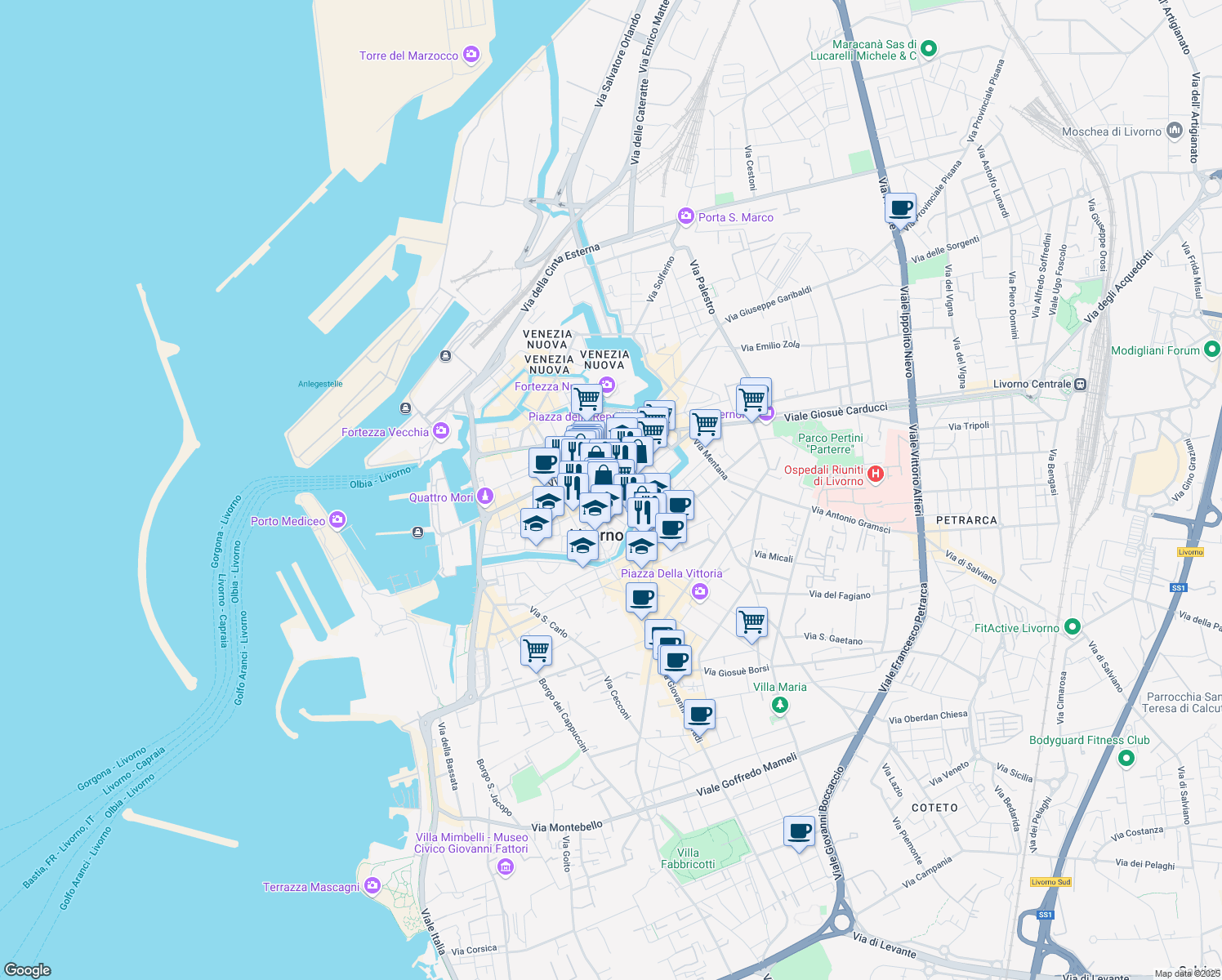 map of restaurants, bars, coffee shops, grocery stores, and more near 12 Via Sant'Omobono in Livorno