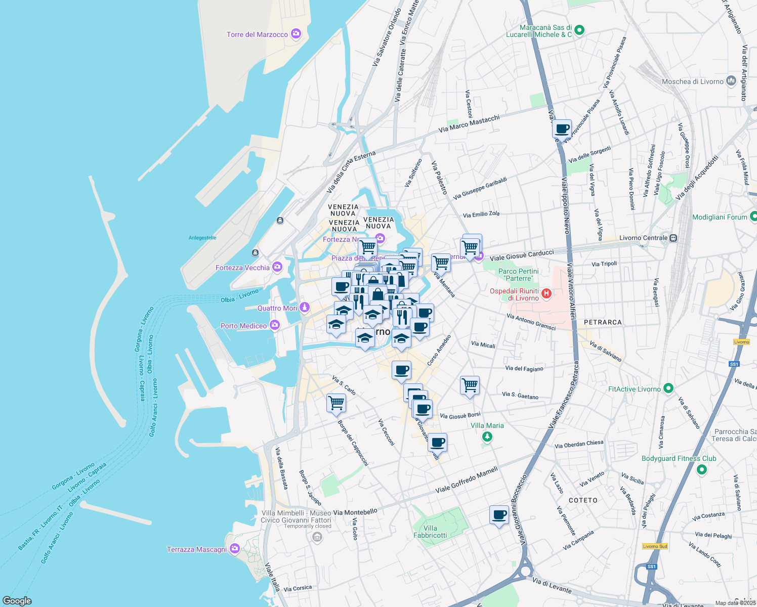 map of restaurants, bars, coffee shops, grocery stores, and more near 12 Via Sant'Omobono in Livorno