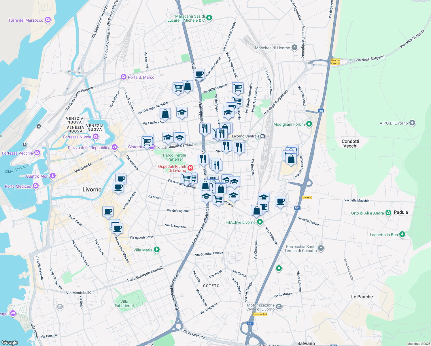 map of restaurants, bars, coffee shops, grocery stores, and more near 3 Via Giovanni Targioni Tozzetti in Livorno