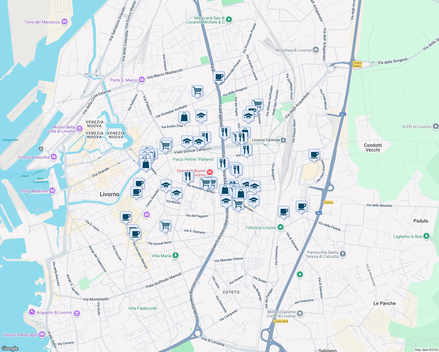 map of restaurants, bars, coffee shops, grocery stores, and more near 36 Viale Vittorio Alfieri in Livorno