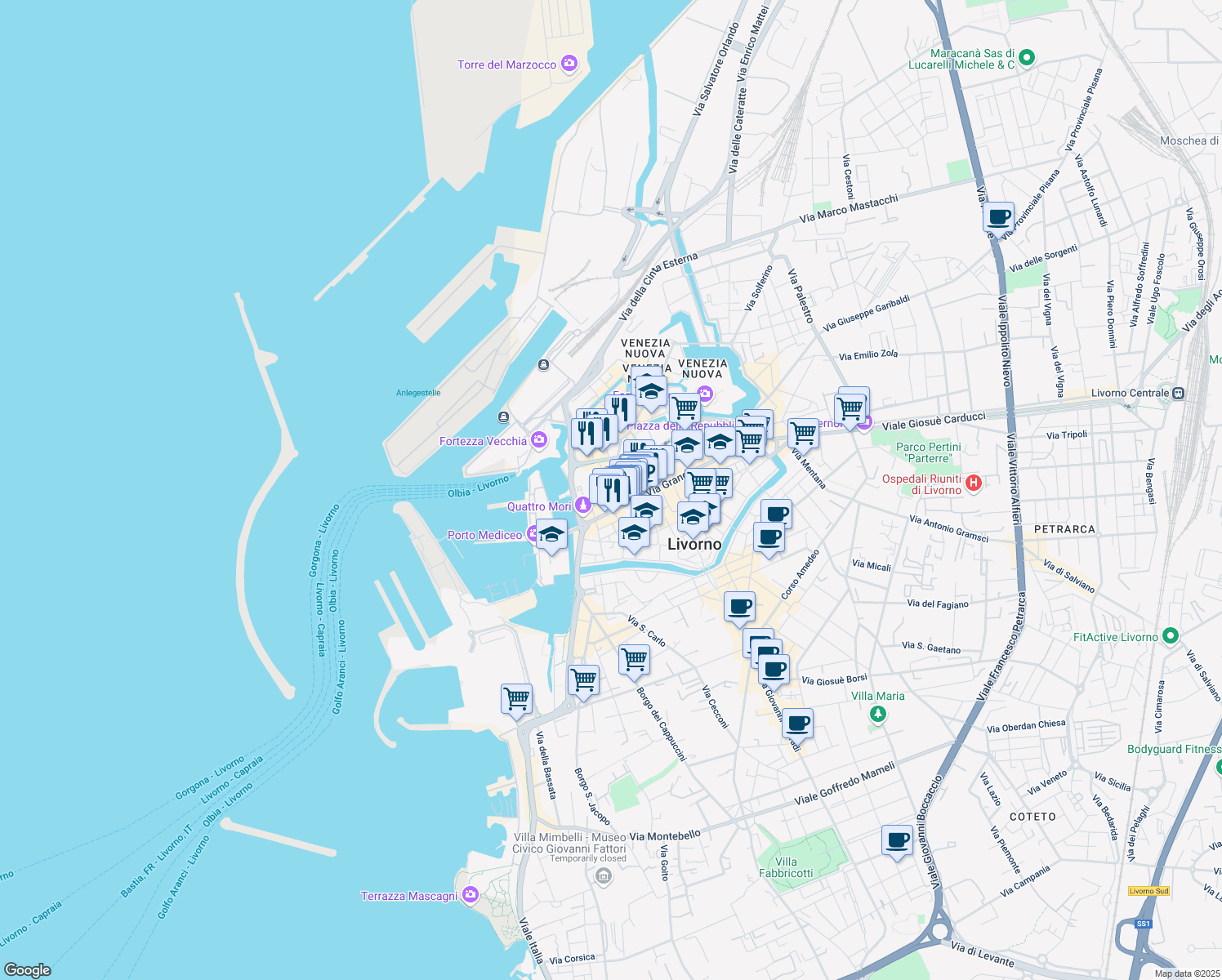 map of restaurants, bars, coffee shops, grocery stores, and more near Via Fiume in Livorno
