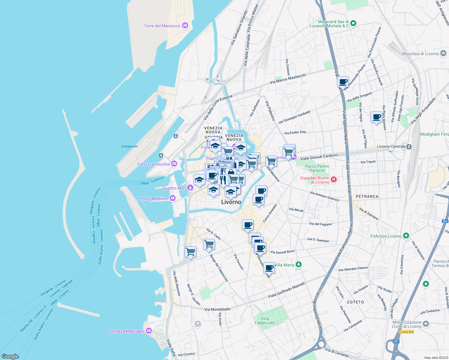 map of restaurants, bars, coffee shops, grocery stores, and more near 20 Via Alessandro Pieroni in Livorno