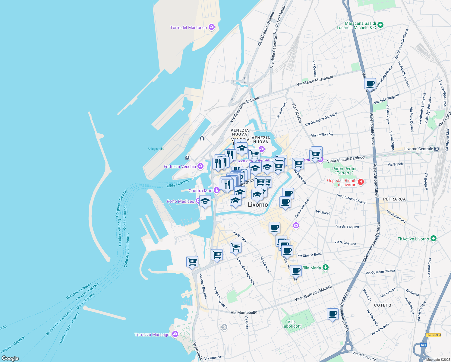 map of restaurants, bars, coffee shops, grocery stores, and more near Via Fiume in Livorno