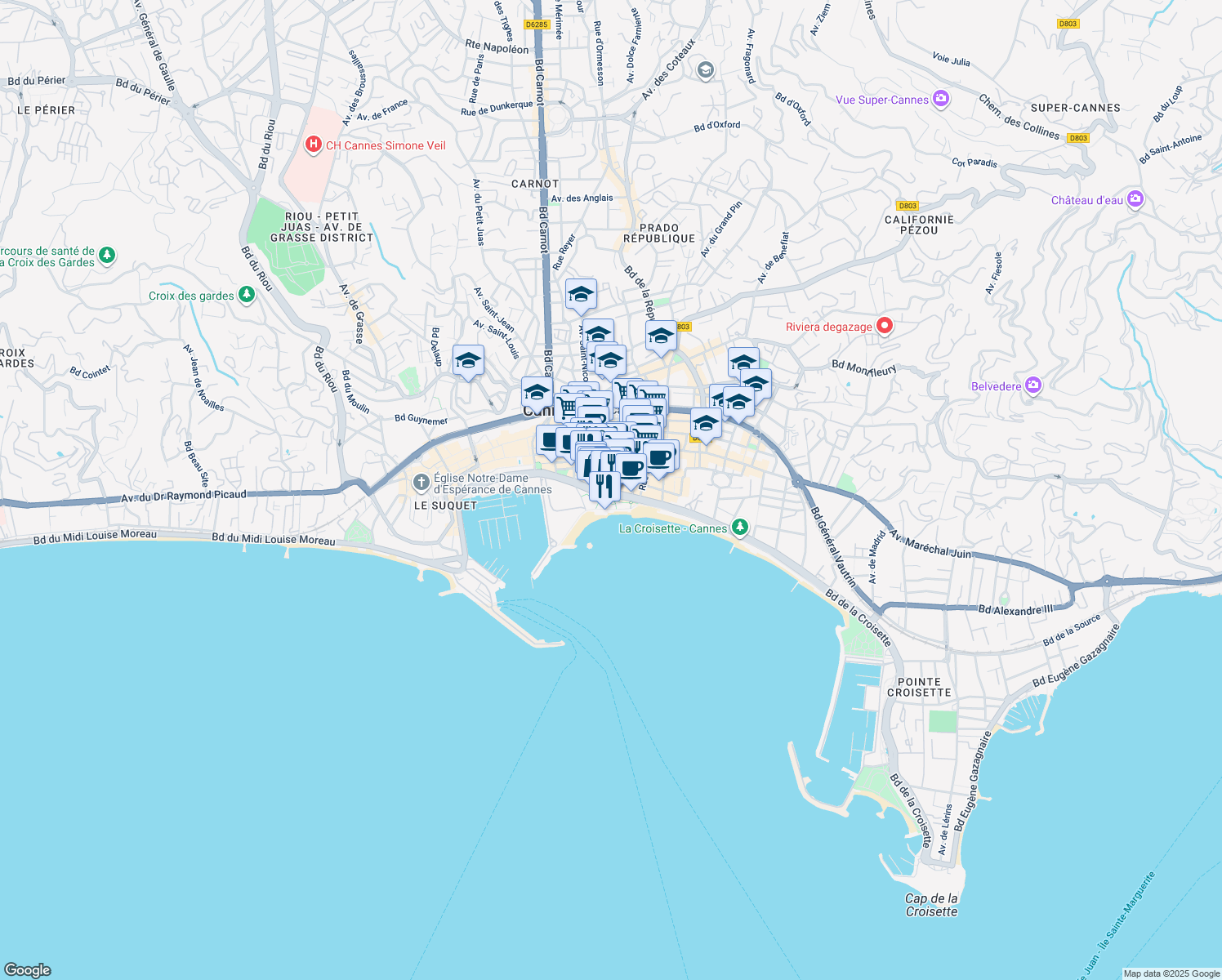 map of restaurants, bars, coffee shops, grocery stores, and more near 10 Boulevard de la Croisette in Cannes