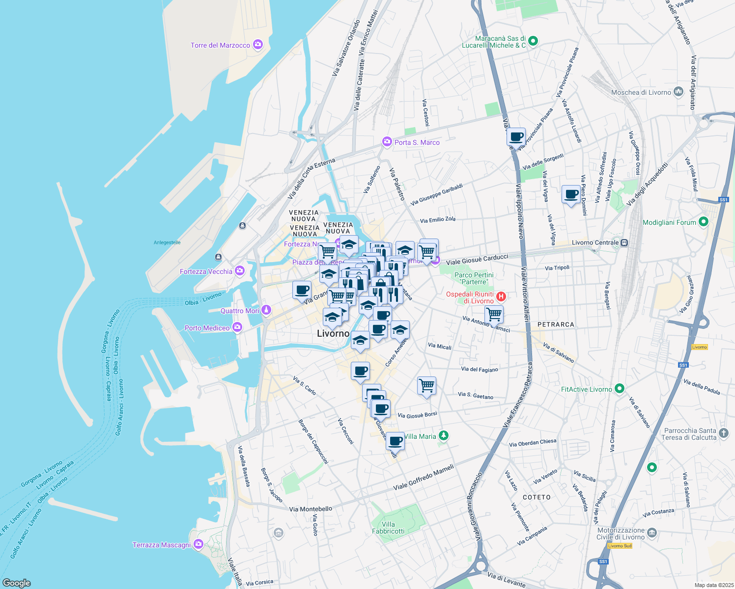 map of restaurants, bars, coffee shops, grocery stores, and more near 31 Via Cosimo del Fante in Livorno