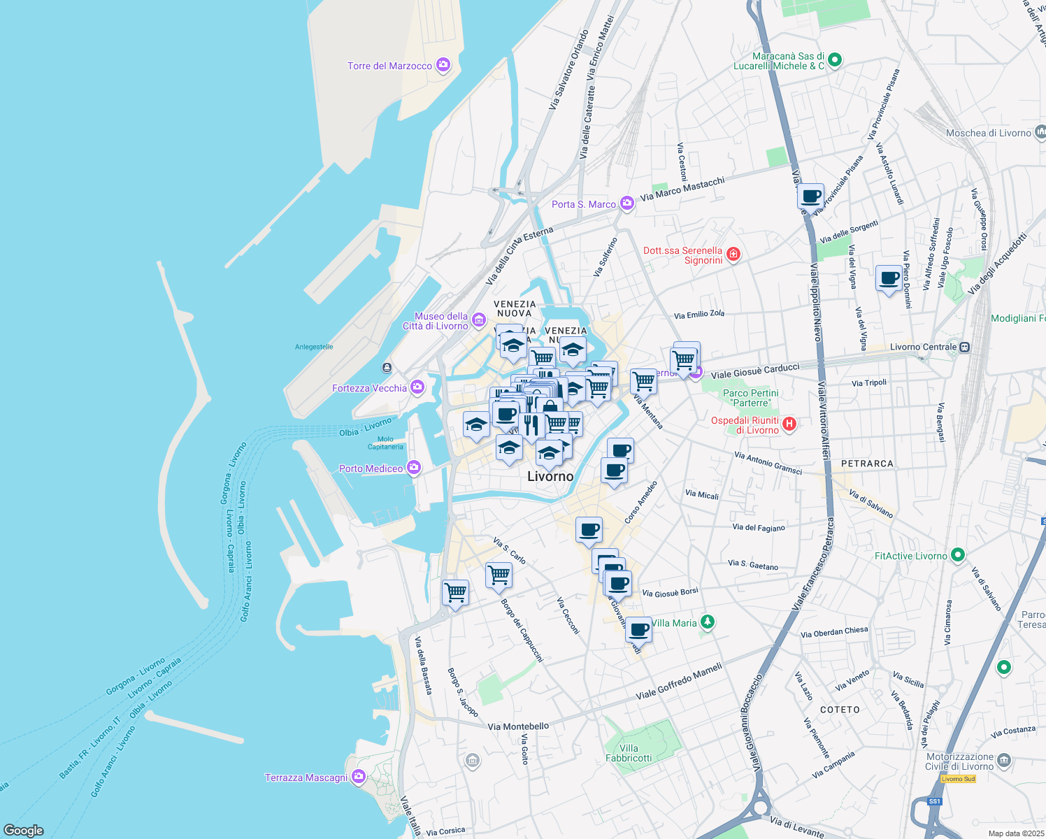 map of restaurants, bars, coffee shops, grocery stores, and more near 20 Via Alessandro Pieroni in Livorno