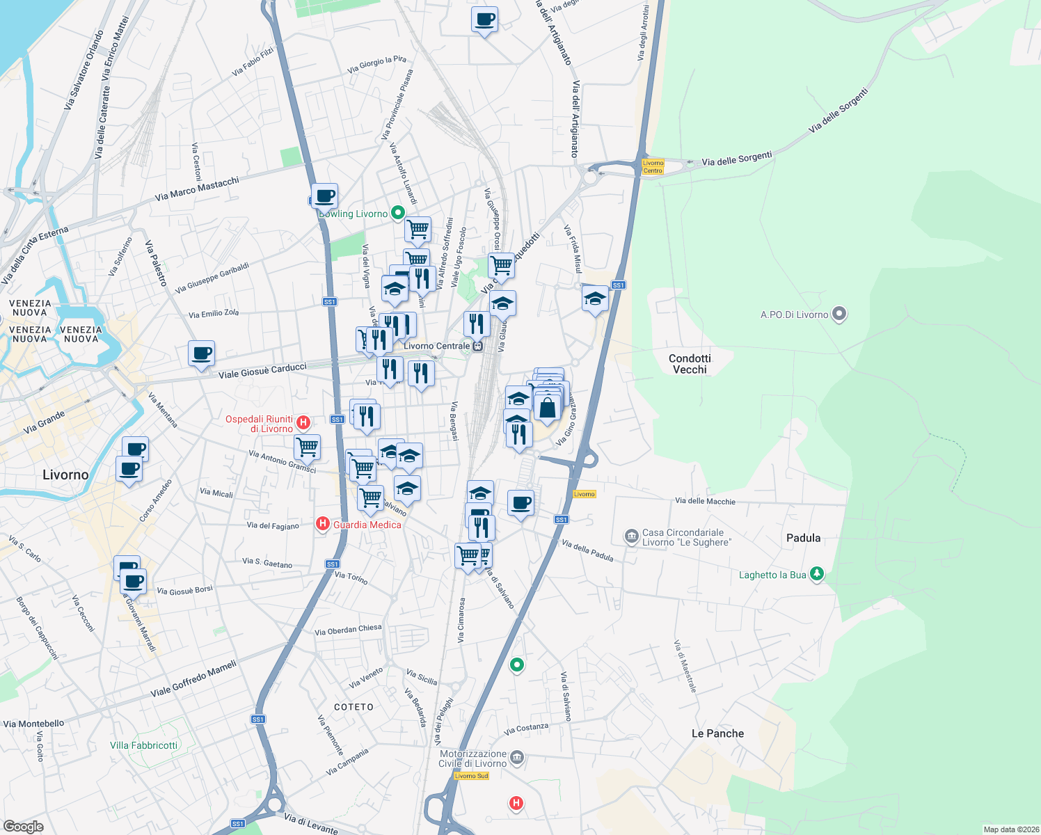 map of restaurants, bars, coffee shops, grocery stores, and more near 131 Via Aurelio Lampredi in Livorno
