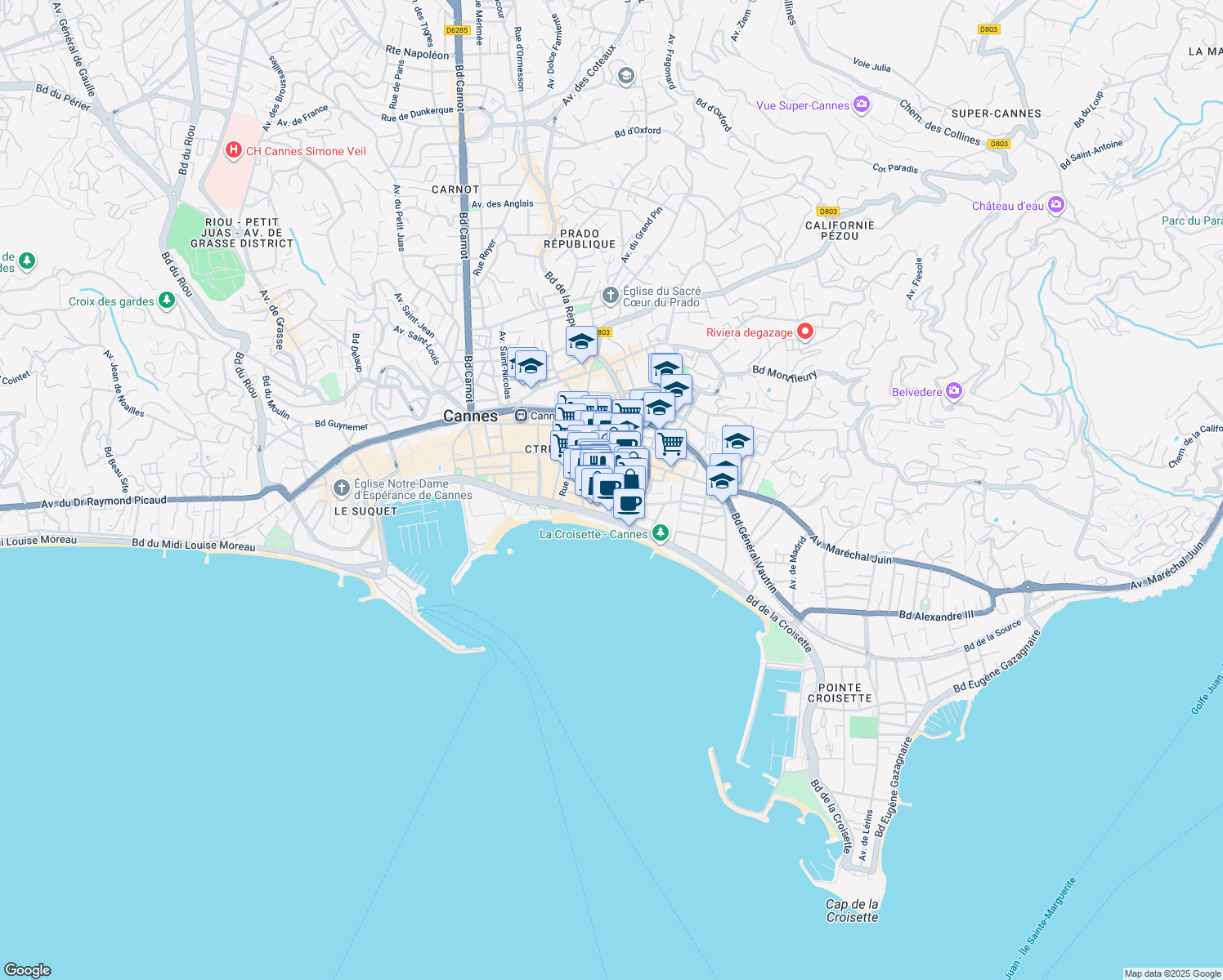 map of restaurants, bars, coffee shops, grocery stores, and more near 45 Boulevard de la Croisette in Cannes