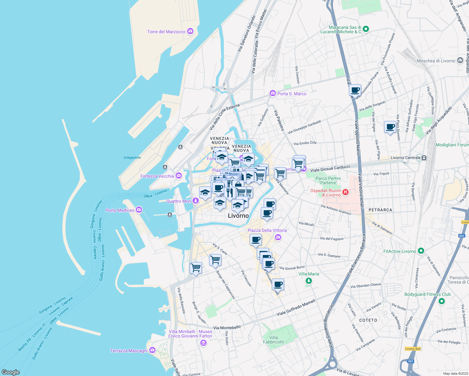 map of restaurants, bars, coffee shops, grocery stores, and more near 20 Via Alessandro Pieroni in Livorno