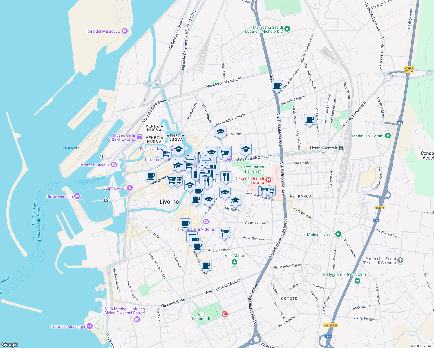 map of restaurants, bars, coffee shops, grocery stores, and more near 79 Via Mentana in Livorno