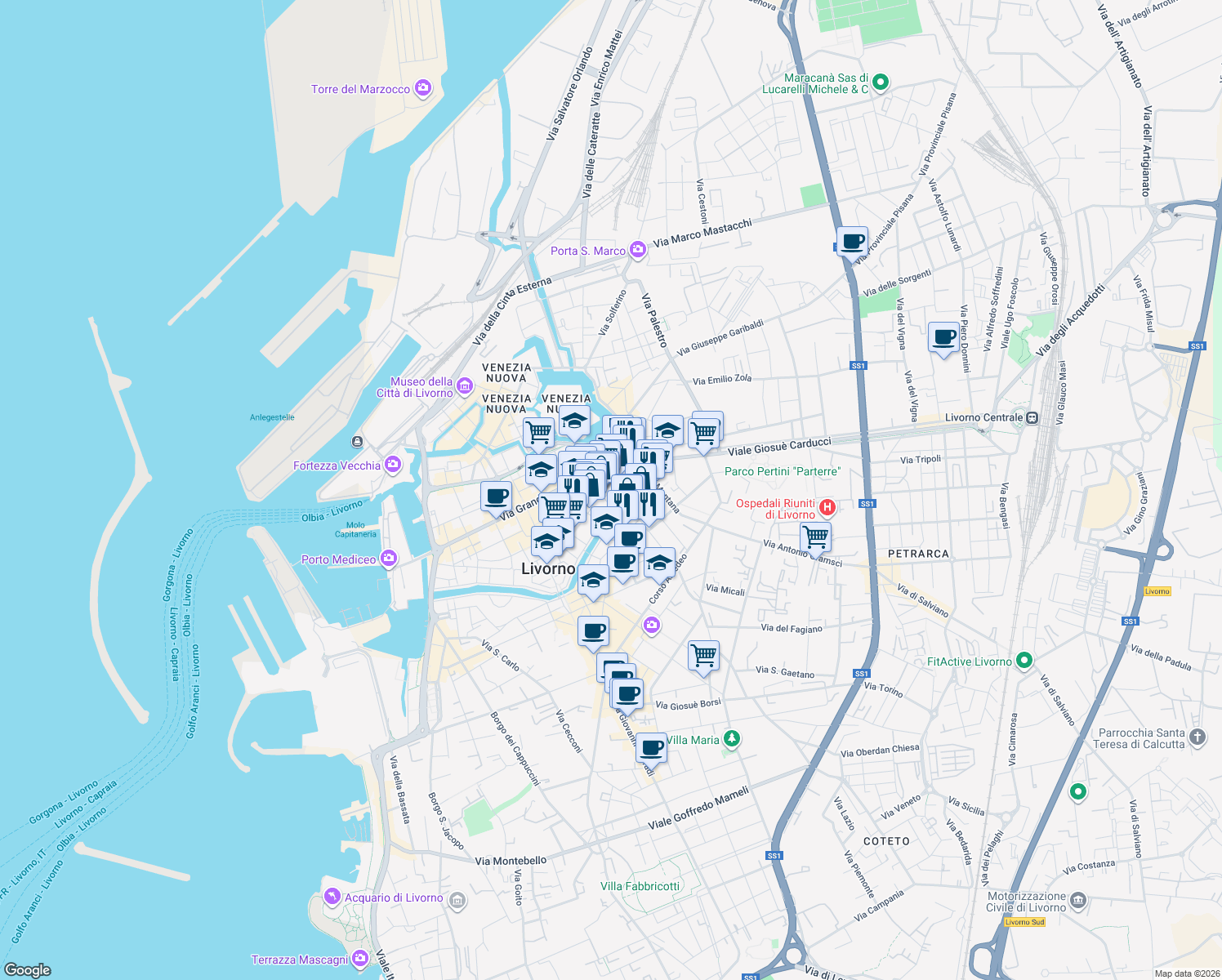 map of restaurants, bars, coffee shops, grocery stores, and more near 31 Via Cosimo del Fante in Livorno