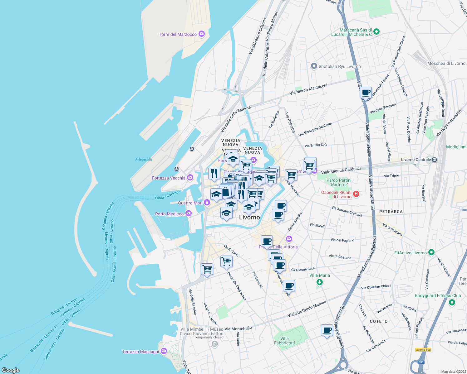 map of restaurants, bars, coffee shops, grocery stores, and more near 26 Via Claudio Cogorano in Livorno
