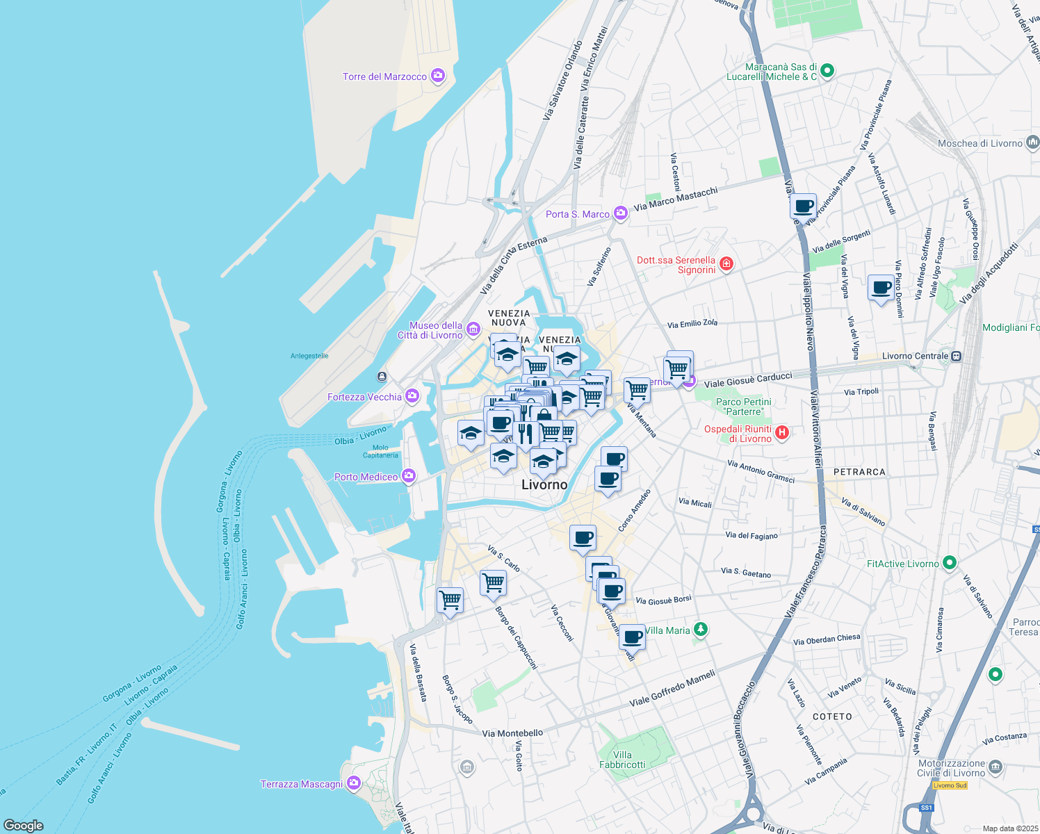 map of restaurants, bars, coffee shops, grocery stores, and more near 20 Via Alessandro Pieroni in Livorno