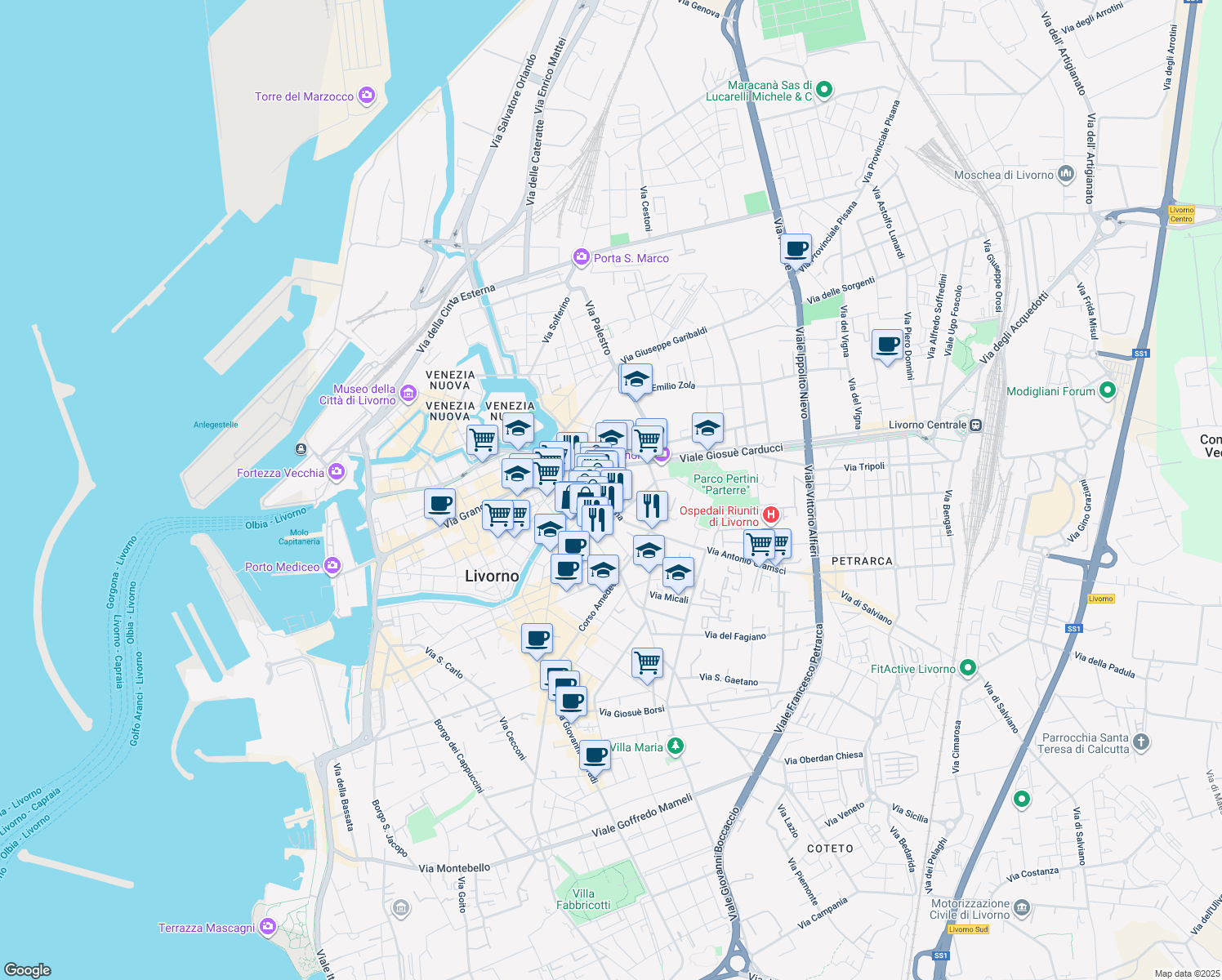 map of restaurants, bars, coffee shops, grocery stores, and more near 79 Via Mentana in Livorno
