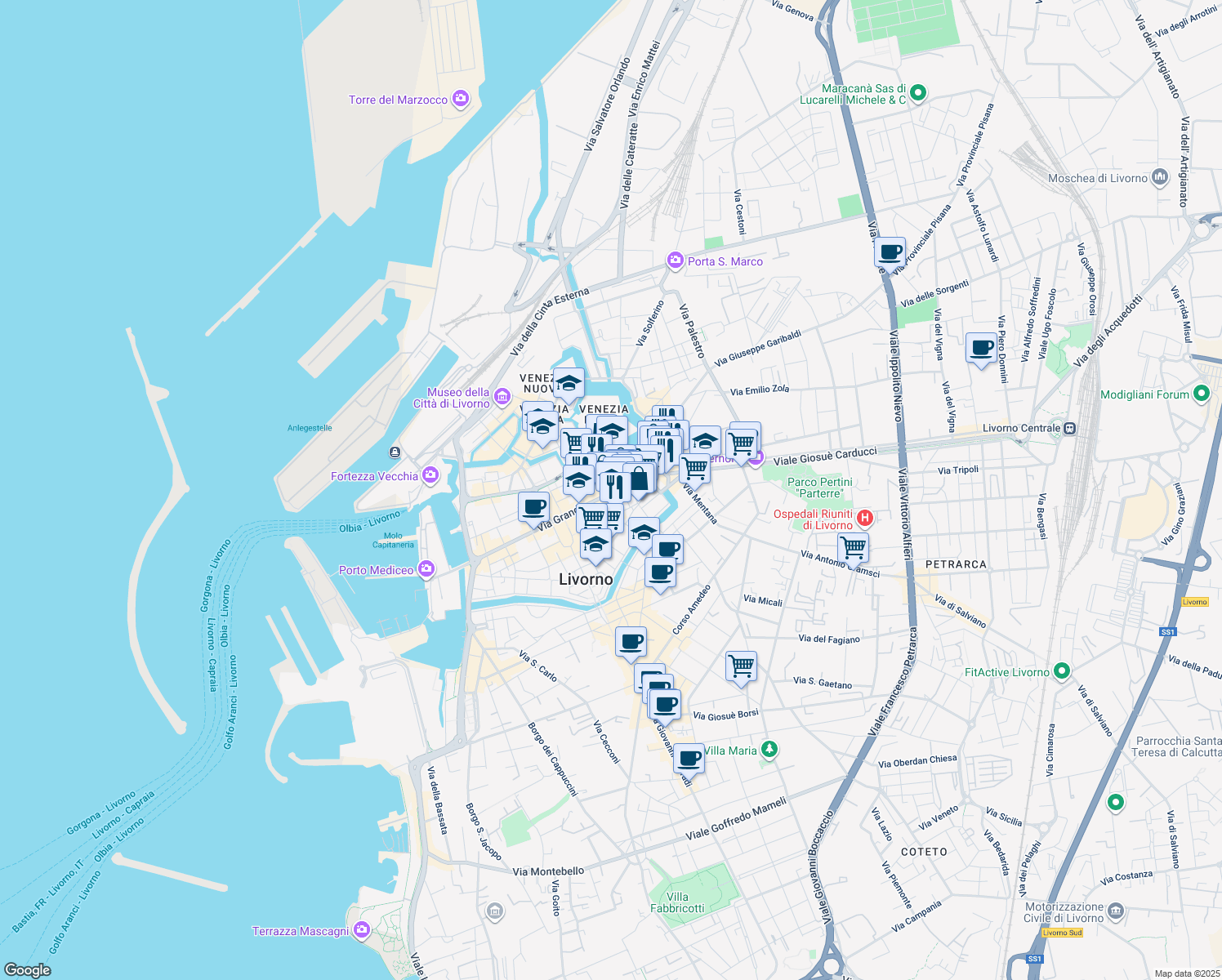 map of restaurants, bars, coffee shops, grocery stores, and more near 32 Piazza Guerrazzi in Livorno