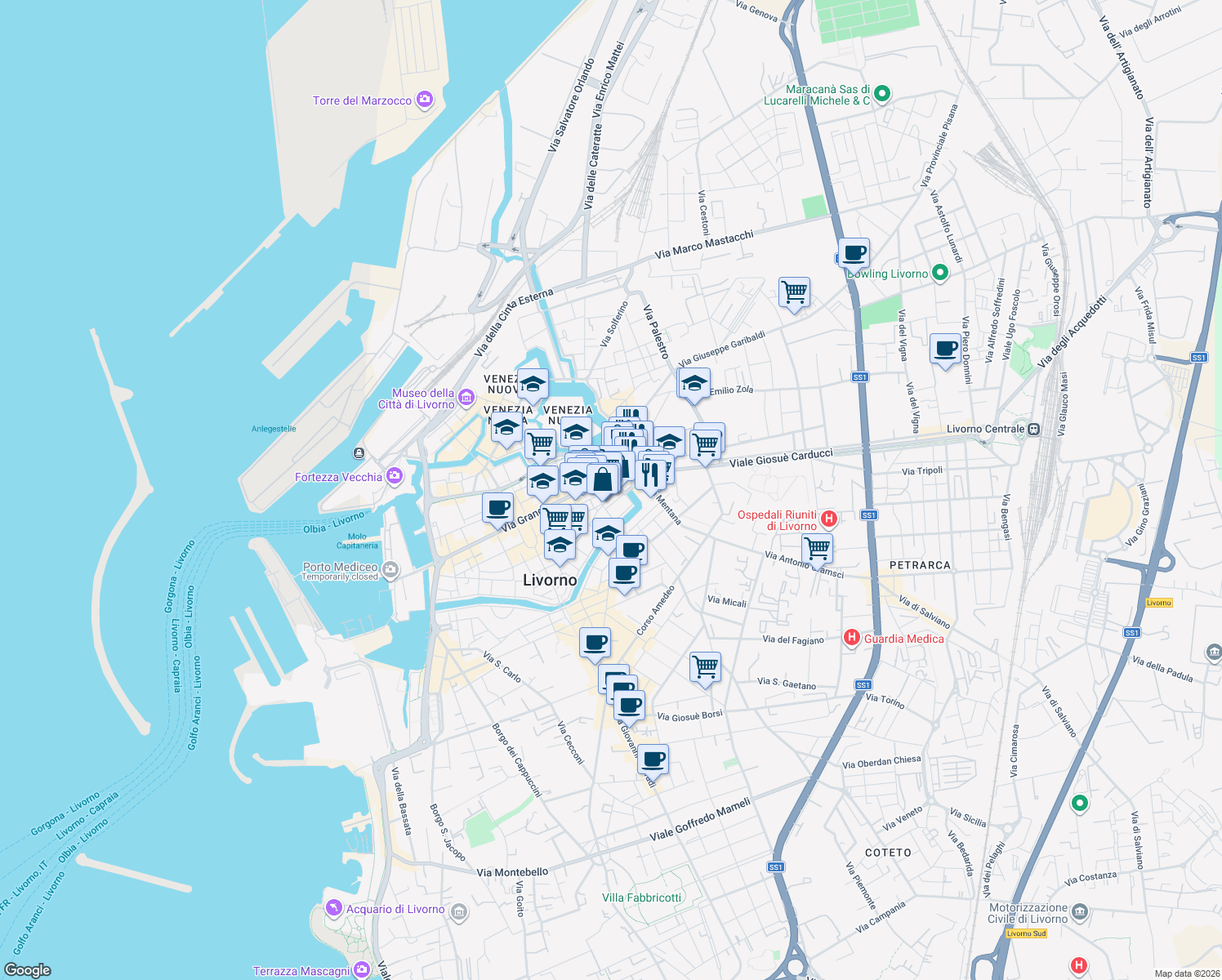 map of restaurants, bars, coffee shops, grocery stores, and more near 66 Piazza della Repubblica in Livorno