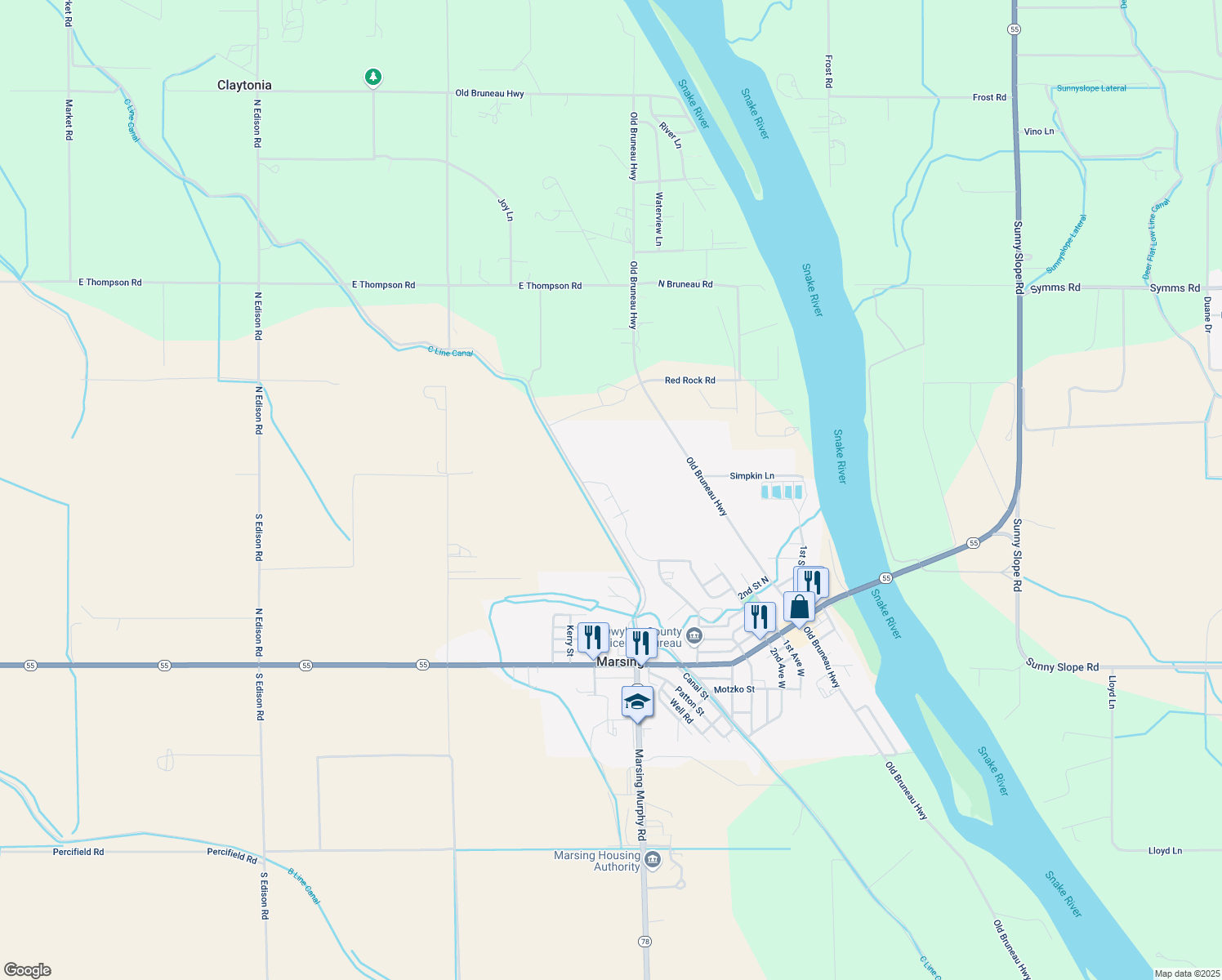 map of restaurants, bars, coffee shops, grocery stores, and more near 521 Morning Dove Way in Marsing