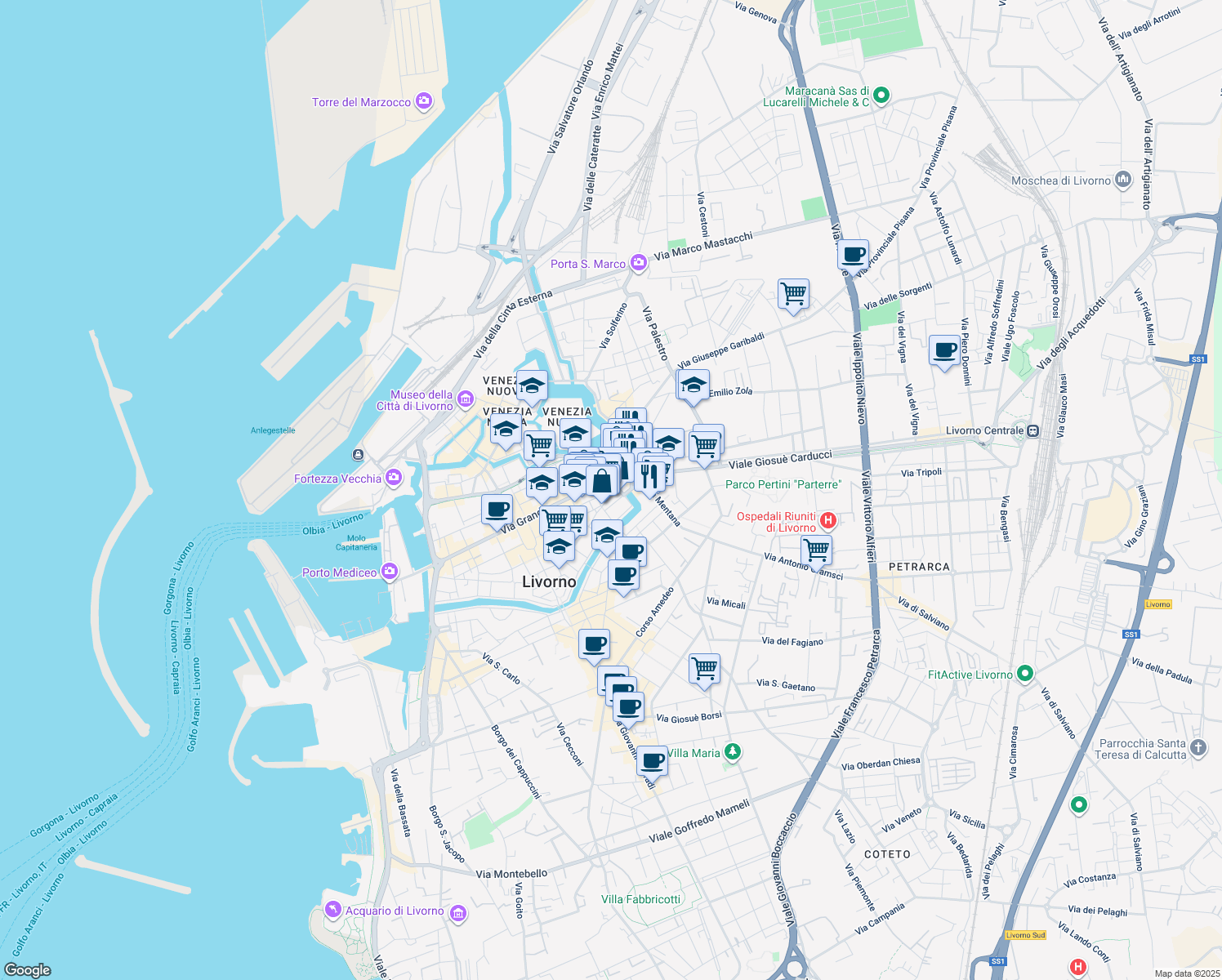 map of restaurants, bars, coffee shops, grocery stores, and more near 66 Piazza della Repubblica in Livorno