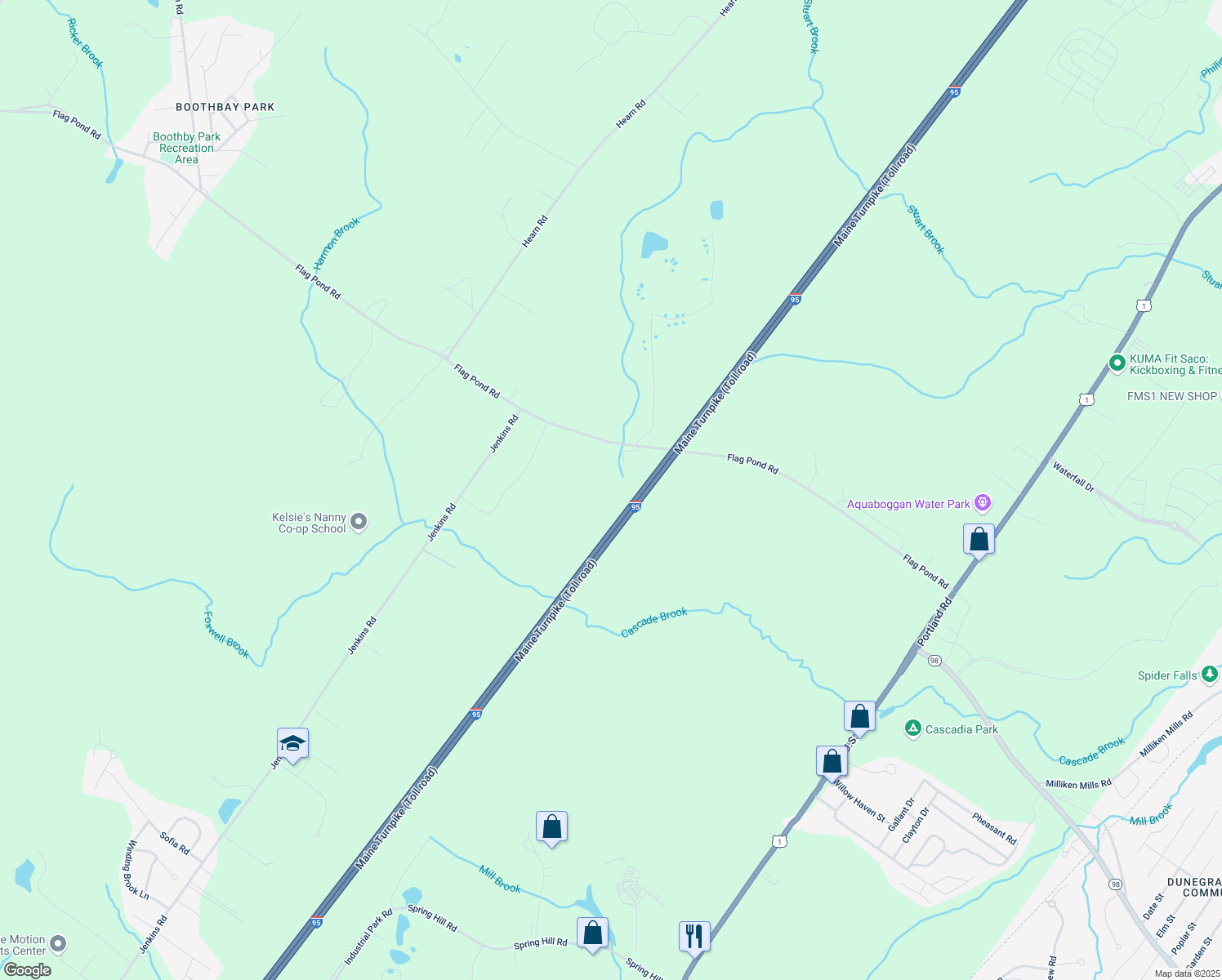 map of restaurants, bars, coffee shops, grocery stores, and more near 176 Flag Pond Rd in Saco