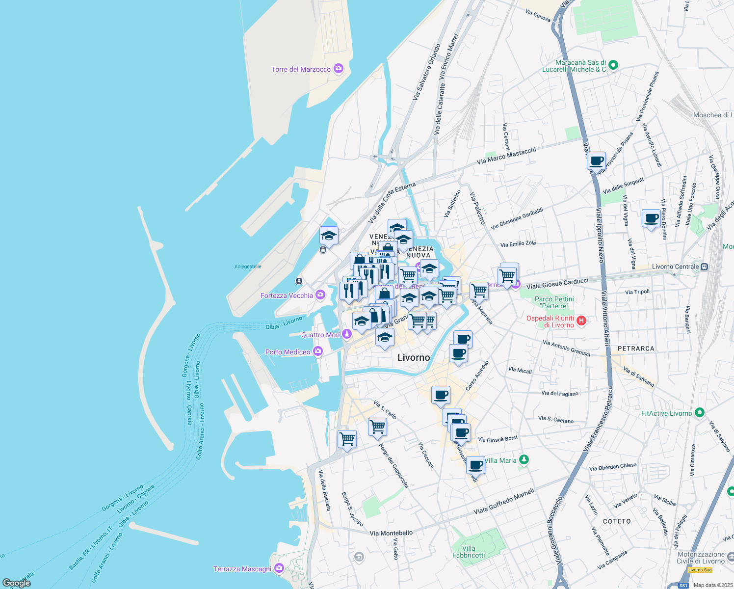 map of restaurants, bars, coffee shops, grocery stores, and more near 28 Via Strozzi in Livorno