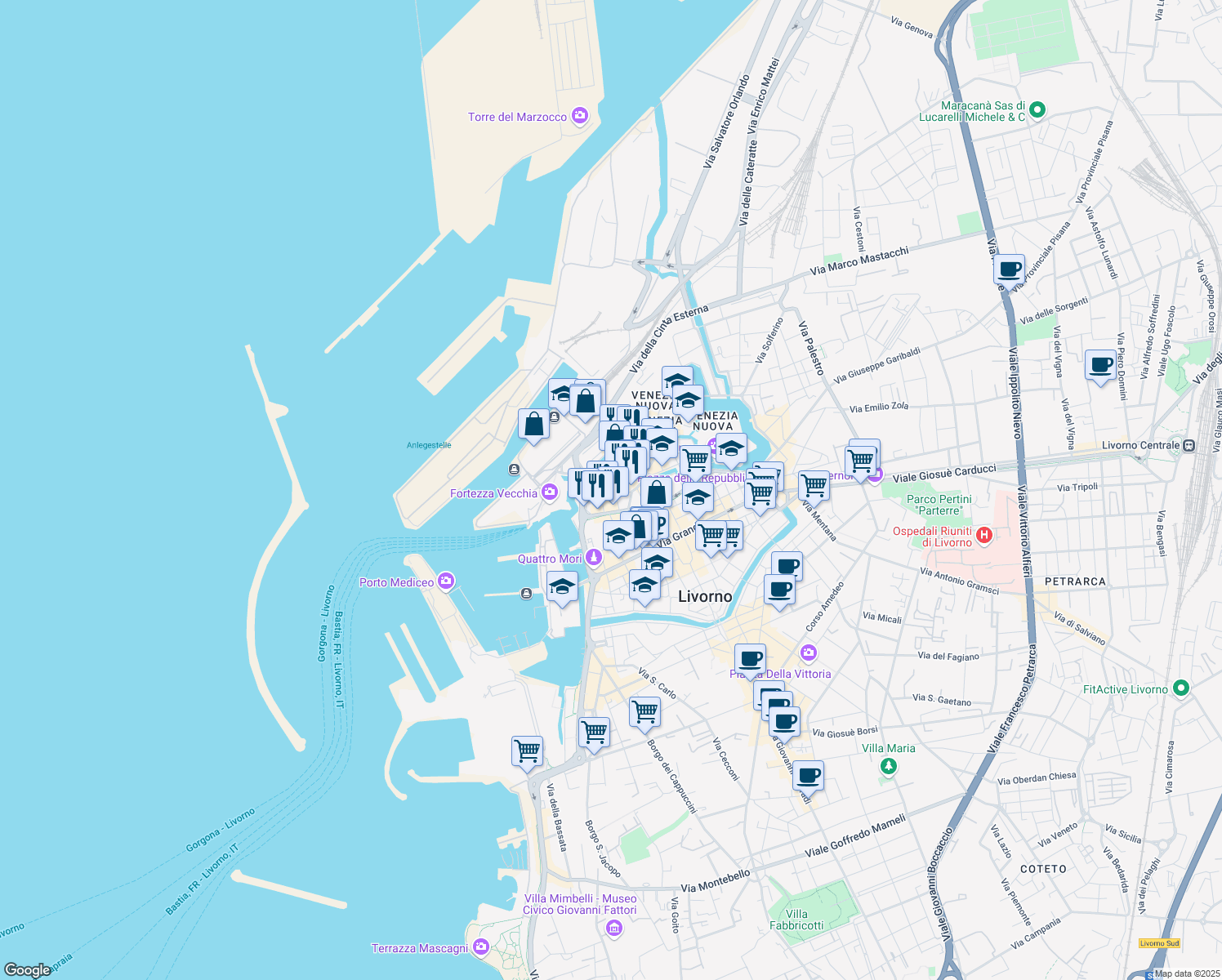 map of restaurants, bars, coffee shops, grocery stores, and more near 9 Via Uffizio dei Grani in Livorno