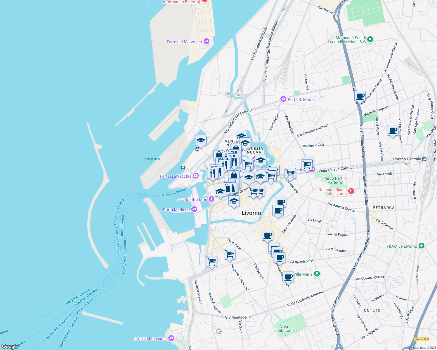 map of restaurants, bars, coffee shops, grocery stores, and more near 28 Via Strozzi in Livorno