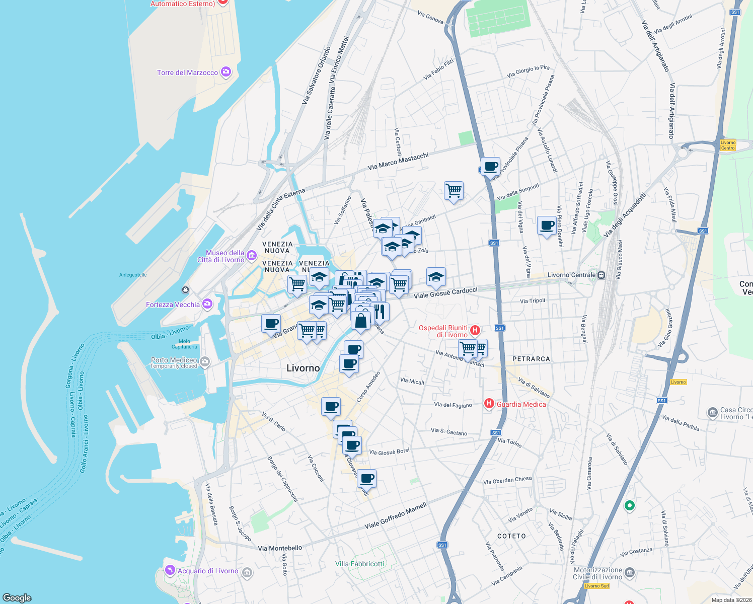 map of restaurants, bars, coffee shops, grocery stores, and more near 50 Via de Larderel in Livorno