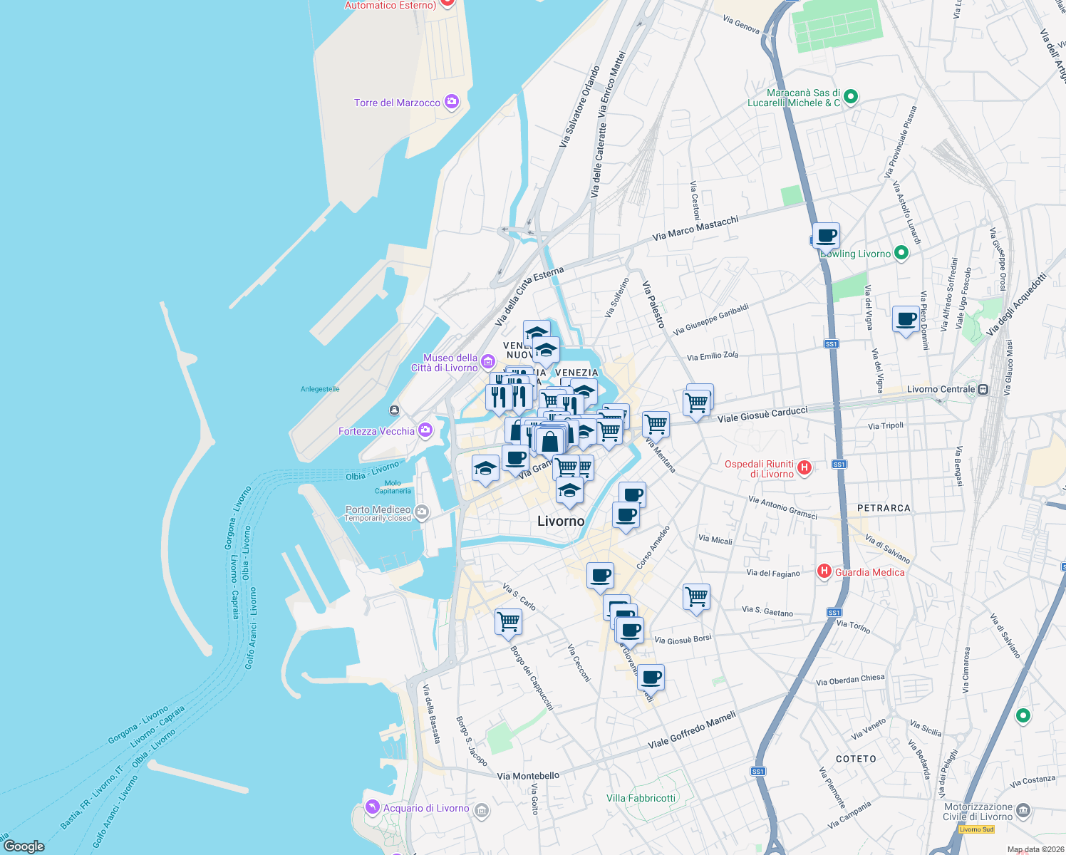 map of restaurants, bars, coffee shops, grocery stores, and more near 9 Scali del Corso in Livorno