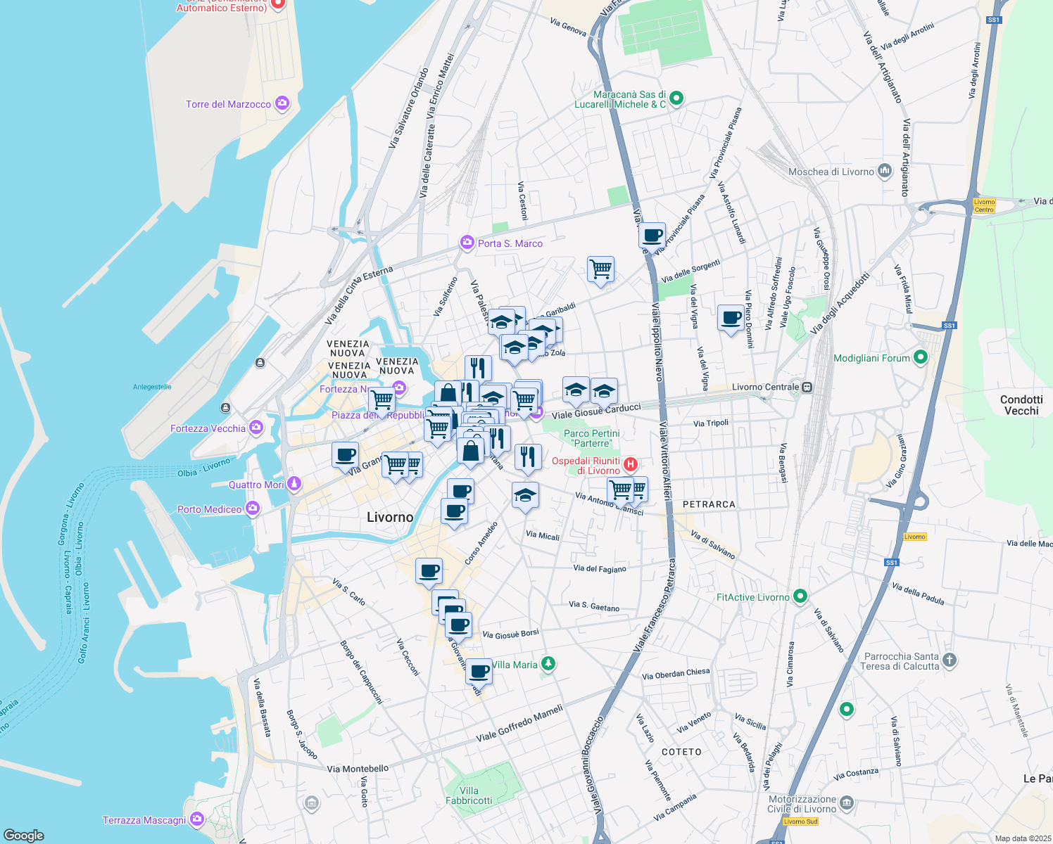map of restaurants, bars, coffee shops, grocery stores, and more near in Livorno